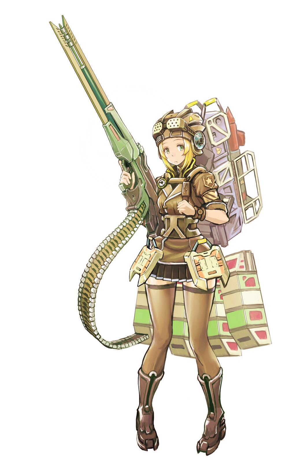 1girl armor artist_request battle_of_titans blonde_hair boots brown_thighhighs clenched_hand closed_mouth goggles goggles_on_headwear green_eyes hat highres holding holding_weapon looking_at_viewer magazine_(weapon) mecha_musume military_uniform missile_pod nelly_(battle_of_titans) personification plate_armor pleated_skirt railgun skirt standing thighhighs uniform weapon