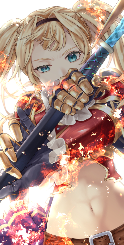 1girl armor belt belt_buckle bikini_armor black_hairband black_skirt blonde_hair blue_eyes braid brown_belt buckle commentary dela fire flame gauntlets granblue_fantasy hairband holding holding_polearm holding_weapon looking_at_viewer navel polearm red_armor signature skirt solo spear twintails upper_body weapon white_background zeta_(granblue_fantasy)