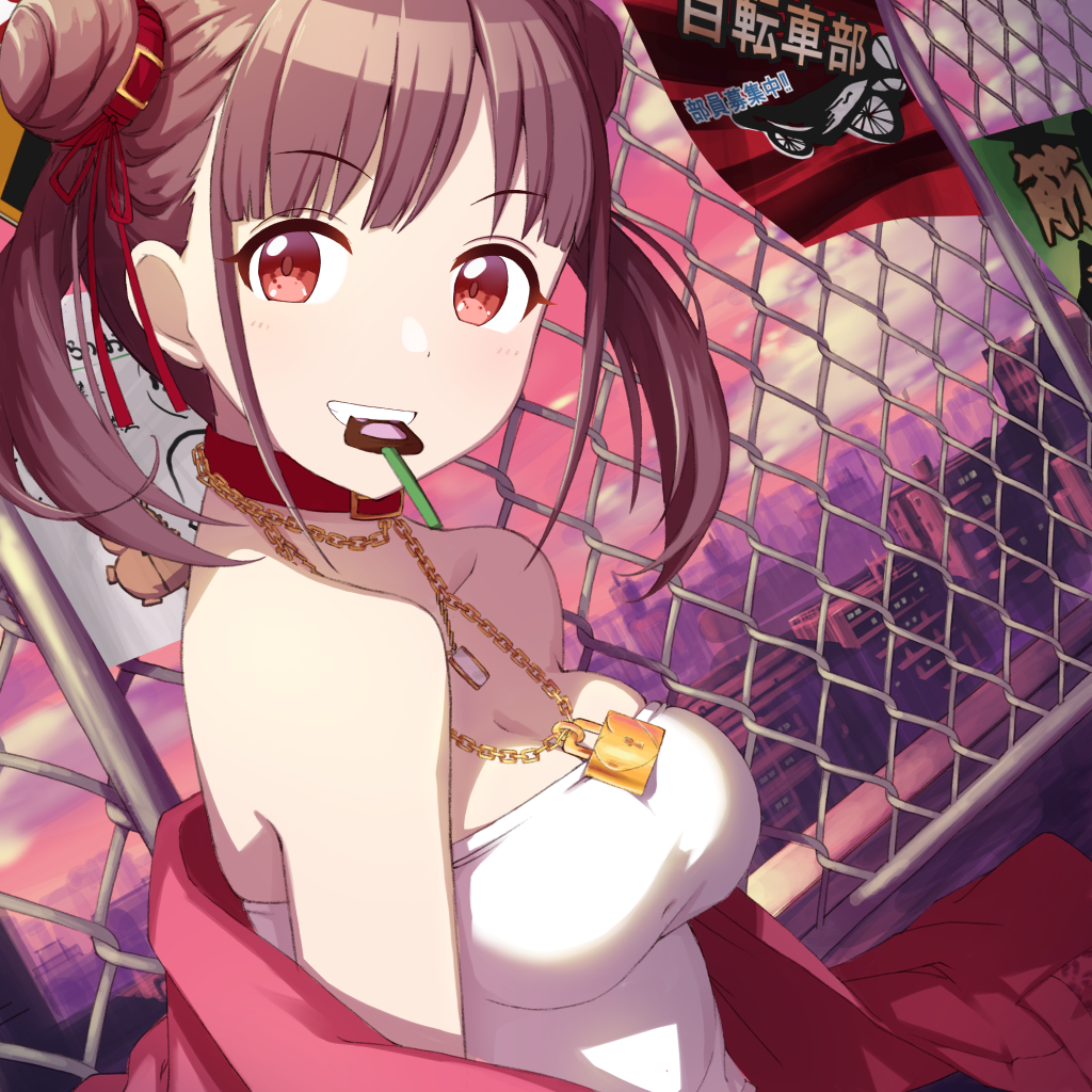 1girl ad amochin bare_shoulders belt belt_collar blush breasts brown_hair chain-link_fence chain_necklace chocolate cityscape cleavage cloud cloudy_sky collar collarbone dot_nose double_bun evening fence from_side hair_belt hair_bun hair_ribbon idolmaster idolmaster_shiny_colors jacket jewelry large_breasts long_hair looking_at_viewer mouth_hold necklace off_shoulder outdoors red_belt red_eyes red_jacket red_ribbon ribbon rooftop sky smile solo sonoda_chiyoko strapless tube_top twintails upper_body white_tube_top