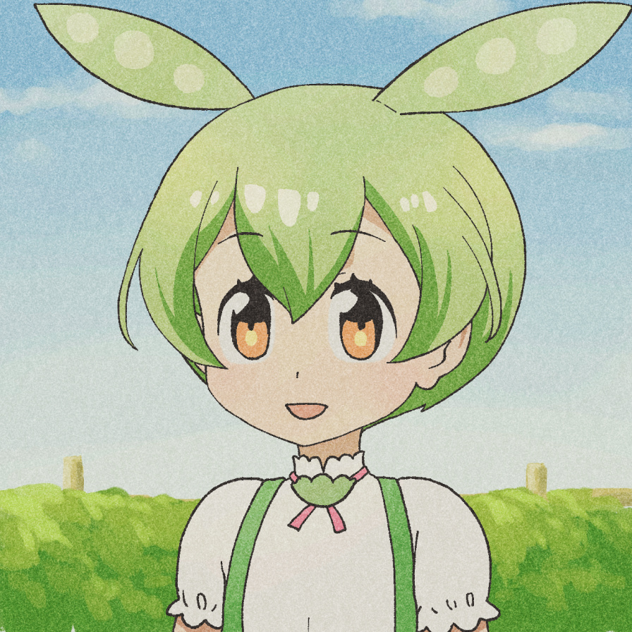 1girl :d byackopath_(artist) film_grain green_hair hair_between_eyes kemono_friends looking_at_viewer open_mouth outdoors parody pea_pod shirt short_hair short_sleeves sky smile solo style_parody suspenders tatsuki_(irodori)_(style) upper_body voicevox white_shirt yellow_eyes zundamon