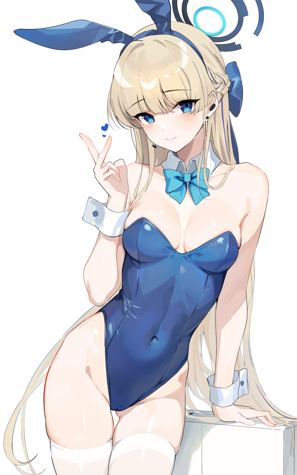 1girl animal_ears bare_shoulders blonde_hair blue_archive blue_bow blue_bowtie blue_eyes blue_hairband blue_leotard blush bow bowtie breasts cleavage closed_mouth covered_navel detached_collar fake_animal_ears gin00 hairband halo hand_up heart highleg highleg_leotard highres leotard medium_breasts rabbit_ears simple_background smile thighhighs thighs toki_(blue_archive) toki_(bunny)_(blue_archive) white_background white_thighhighs white_wrist_cuffs wrist_cuffs