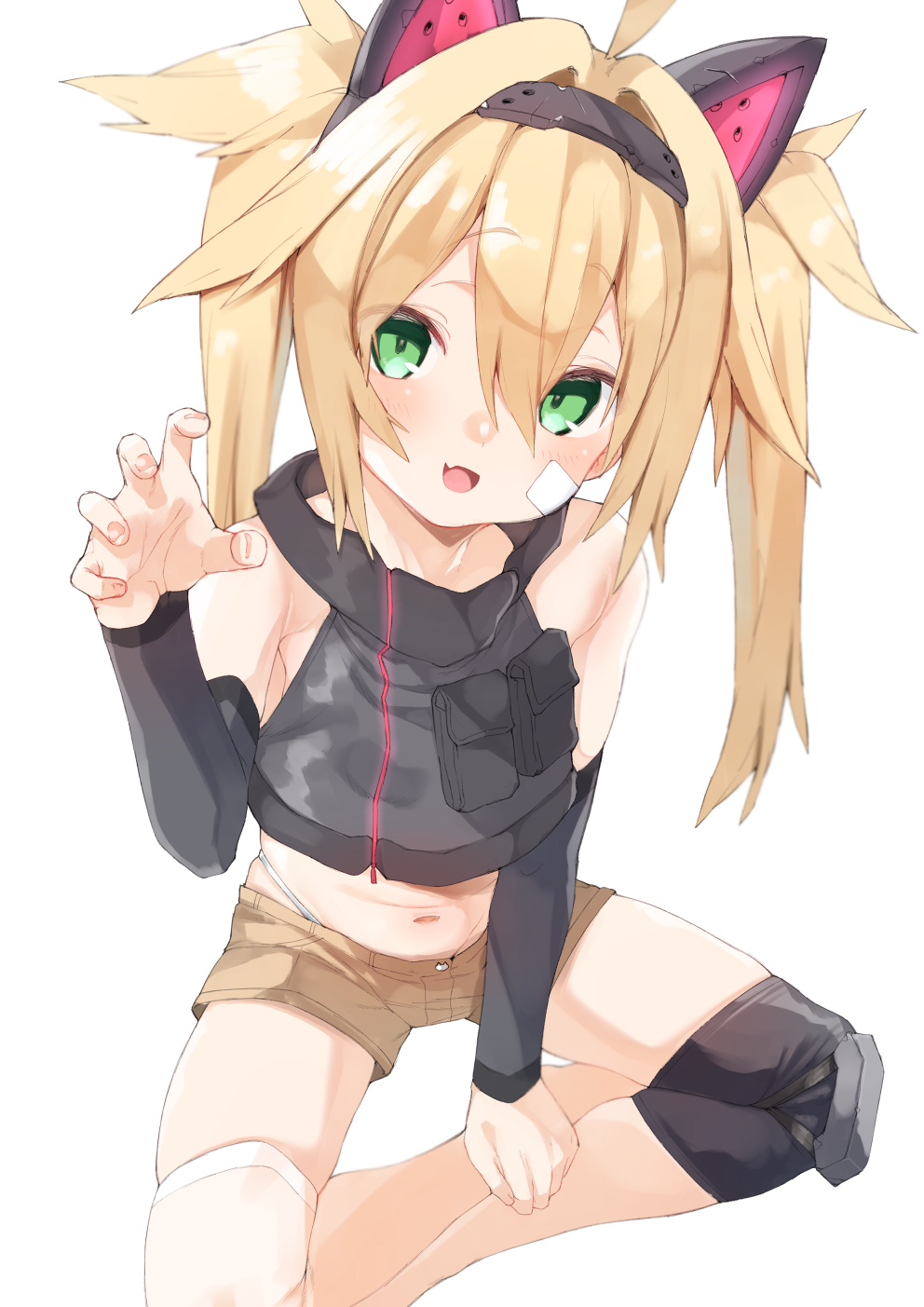 1girl ahoge animal_ears bandaid bandaid_on_cheek bandaid_on_face bare_shoulders blonde_hair blush breasts cat_ears claw_pose commentary_request crop_top detached_sleeves fake_animal_ears green_eyes highres indian_style knee_guards kz_oji long_hair looking_at_viewer navel open_mouth original panties panty_straps short_shorts shorts simple_background sitting small_breasts smile solo twintails underwear white_background white_panties