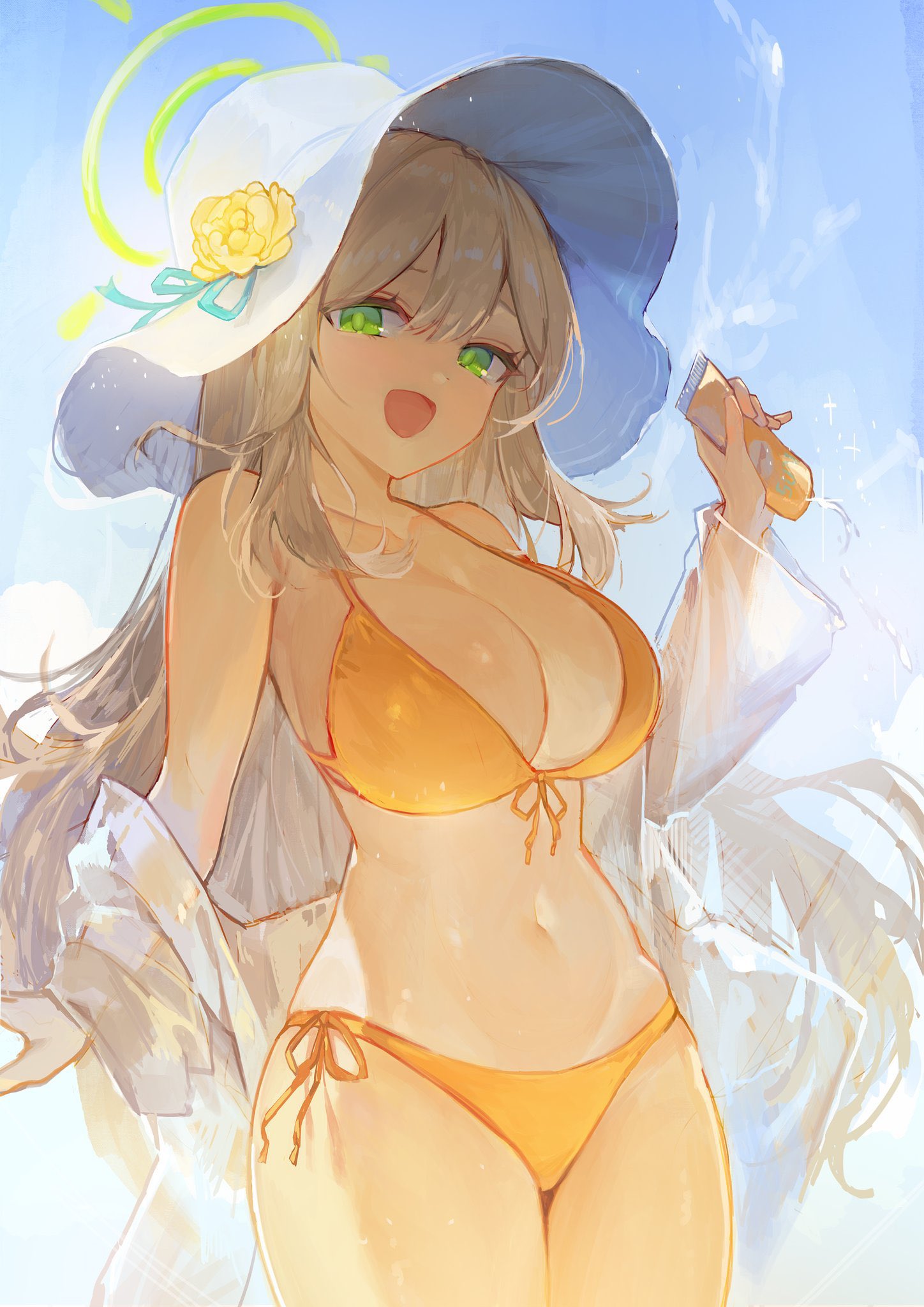 1girl bikini blonde_hair blue_archive blue_sky breasts cleavage cowboy_shot curvy double-parted_bangs english_commentary flower front-tie_bikini_top front-tie_top green_eyes halo happyongdal hat hat_flower hat_ribbon highres jacket large_breasts light_brown_hair long_hair looking_at_viewer lotion narrow_waist navel nonomi_(blue_archive) nonomi_(swimsuit)_(blue_archive) open_mouth ribbon see-through see-through_jacket side-tie_bikini_bottom sky solo sun_hat sunscreen swept_bangs swimsuit white_headwear wide_hips yellow_bikini