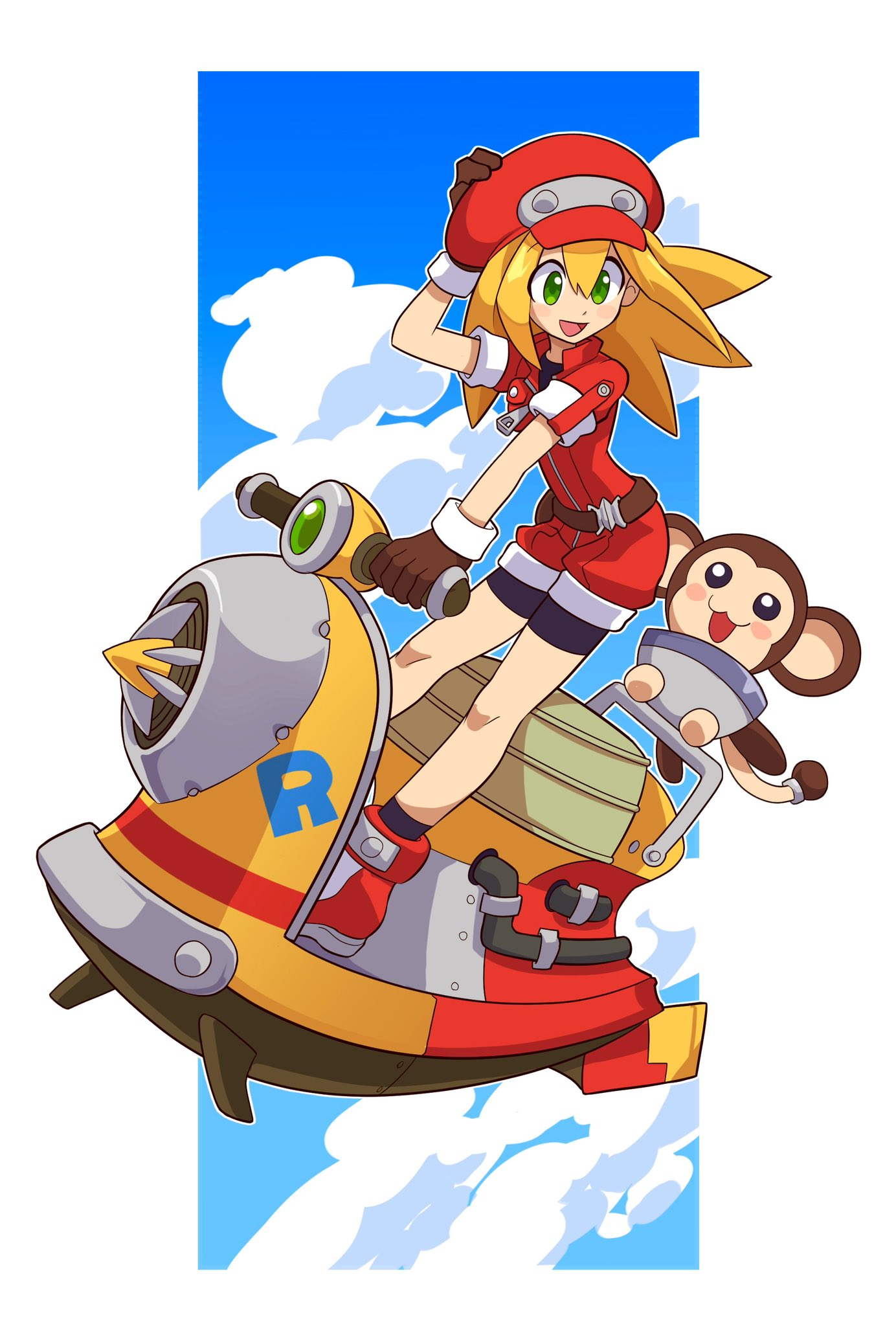 1girl :d belt bike_shorts bike_shorts_under_shorts blonde_hair brown_gloves cabbie_hat cloud cloudy_sky data_(mega_man) full_body gloves green_eyes handlebar hat highres hover_scooter hover_vehicle jacket jumpsuit long_hair looking_down mega_man_(series) mega_man_legends mega_man_legends_3 monkey open_mouth red_headwear red_jumpsuit red_shorts roll_caskett_(mega_man) short_sleeves shorts sky smile zu_mame