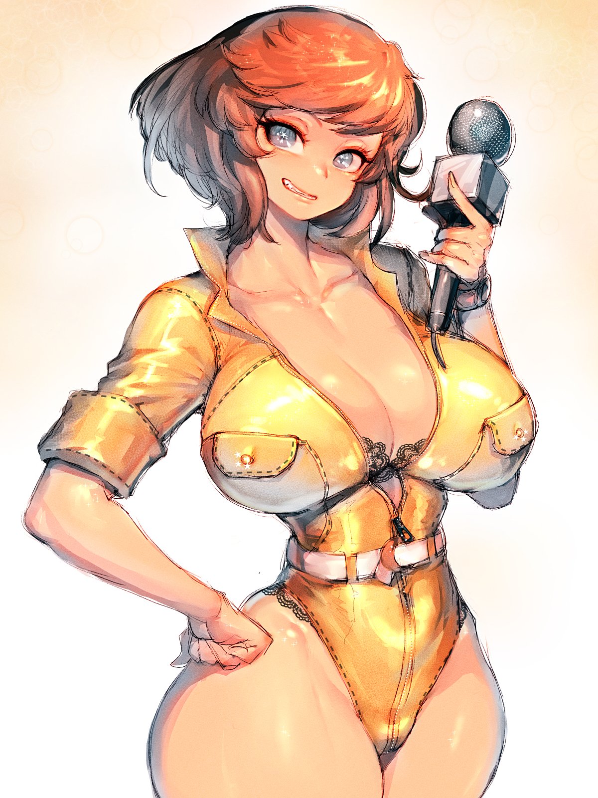 1girl april_o'neil belt black_bra bodysuit bra breasts brown_hair cameltoe cleavage covered_nipples fumio_(rsqkr) groin hand_on_own_hip highres holding holding_microphone huge_breasts leotard microphone navel nipples smile solo teenage_mutant_ninja_turtles thick_thighs thighs underwear wide_hips yellow_leotard