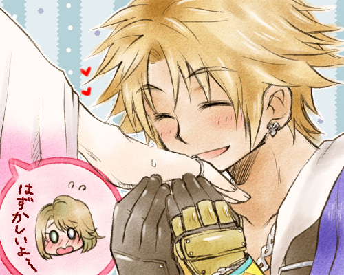 1boy 1girl blonde_hair blue_jacket blush brown_gloves brown_hair chibi chibi_inset closed_eyes collarbone commentary_request couple cropped_head earrings embarrassed final_fantasy final_fantasy_x flying_sweatdrops gloves heart holding_hands jacket jewelry long_sleeves lowres necklace open_mouth parted_bangs ring short_hair smile sobagaki_shinyo speech_bubble stud_earrings sweatdrop swept_bangs tidus translation_request upper_body wide_sleeves yuna_(ff10)