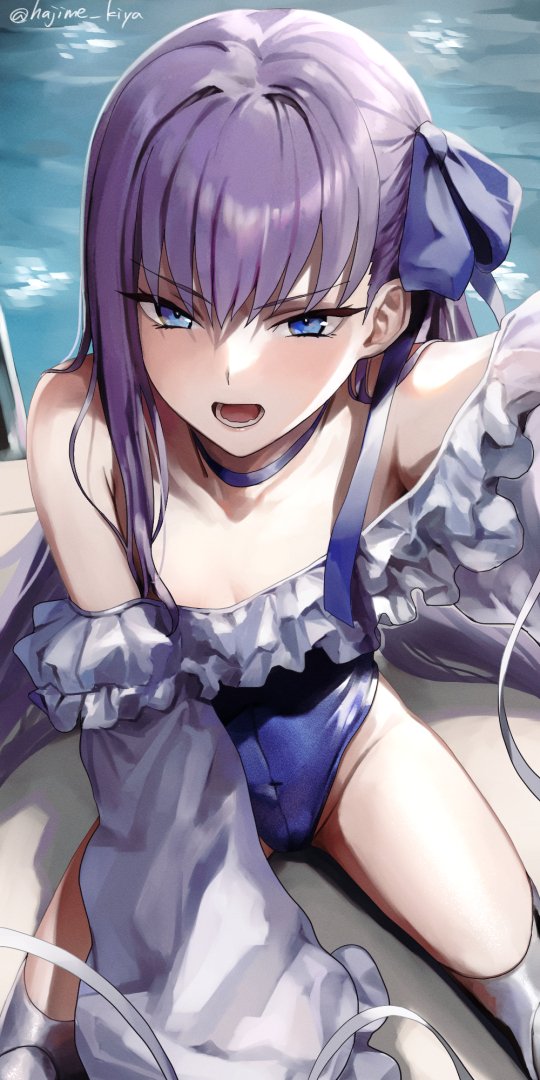 1girl blue_choker blue_eyes blue_one-piece_swimsuit blue_ribbon breasts choker cleavage collarbone covered_navel fate/grand_order fate_(series) glaring hair_ribbon kiya_hajime looking_at_viewer meltryllis_(fate) meltryllis_(swimsuit_lancer)_(fate) narrowed_eyes one-piece_swimsuit open_mouth pool pool_ladder poolside prosthesis prosthetic_leg purple_hair ribbon sleeves_past_fingers sleeves_past_wrists small_breasts solo swimsuit teeth very_long_sleeves