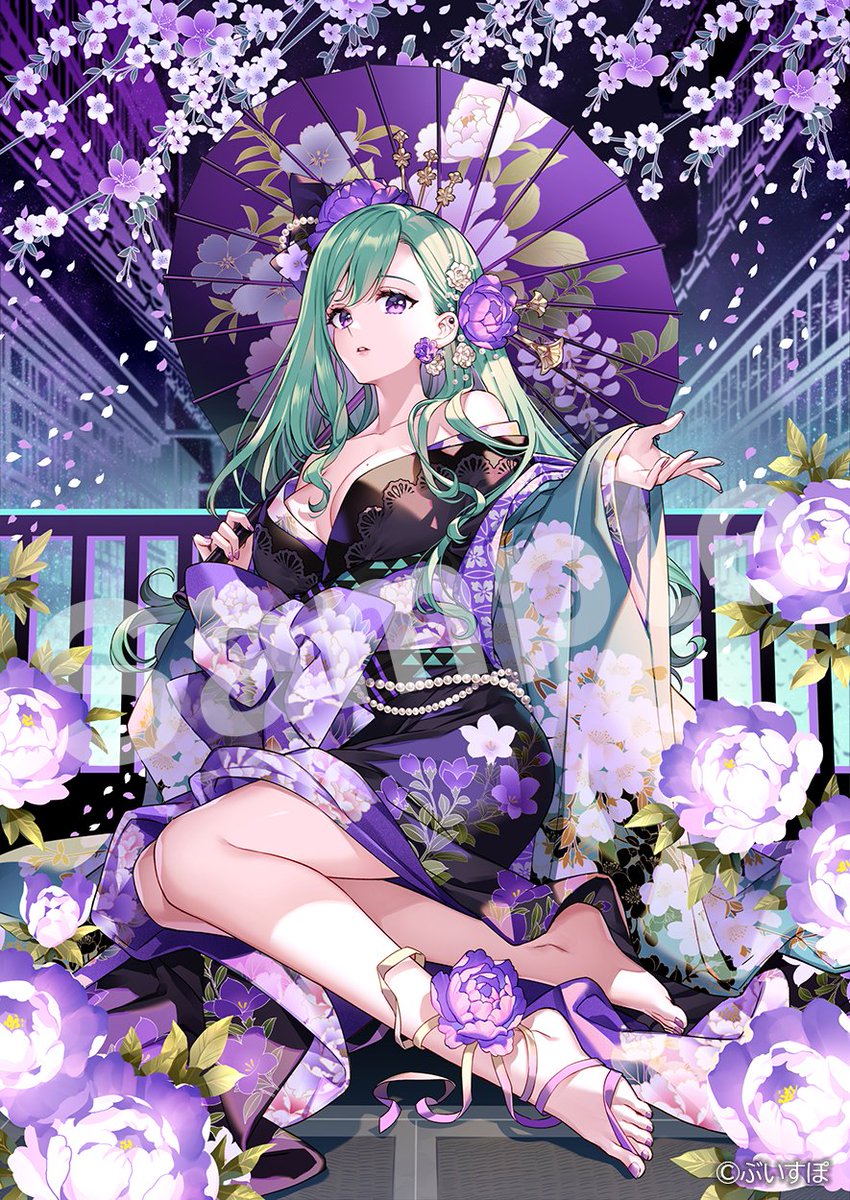 1girl bare_shoulders barefoot black_bow black_kimono bow breasts breasts_apart collarbone ear_piercing falling_petals floral_print_kimono flower flower_request gem green_hair hair_bow hair_flower hair_ornament handrail haori highres holding holding_umbrella japanese_clothes kimono large_breasts long_hair looking_at_viewer mole mole_on_breast nardack obi off_shoulder official_art oil-paper_umbrella parted_lips pearl_(gemstone) petals piercing purple_eyes purple_flower purple_nails purple_sash purple_umbrella sample_watermark sash solo toes umbrella virtual_youtuber vspo! white_flower yakumo_beni