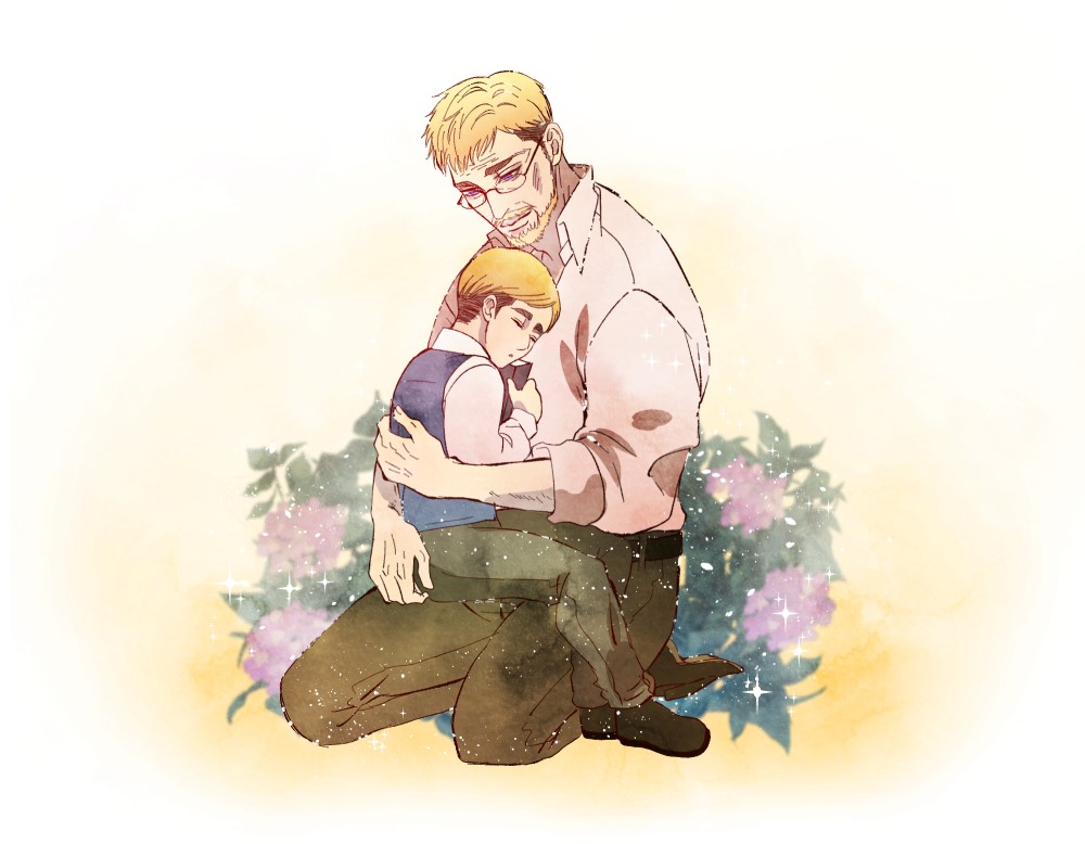 2boys affectionate beard blonde_hair blue_eyes book bush erwin's_father erwin_smith facial_hair father_and_son flower glasses holding holding_book maerwin21 male_focus multiple_boys pants shingeki_no_kyojin short_hair sitting sitting_on_lap sitting_on_person thick_eyebrows