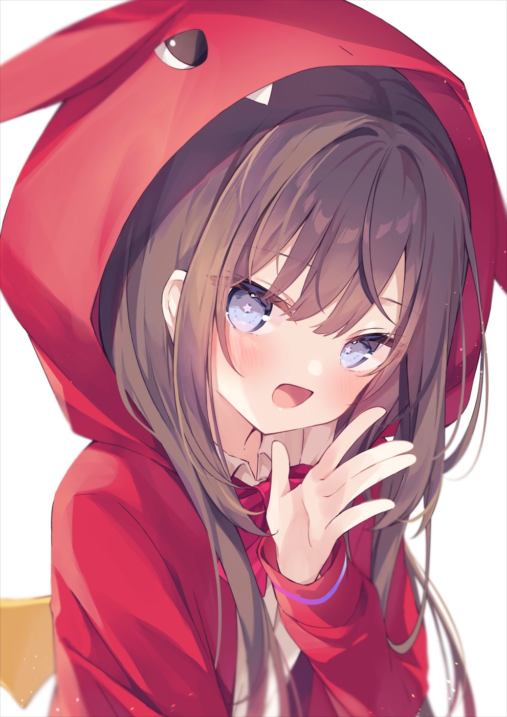 1girl :d animal_ears animal_hood blue_eyes bow brown_hair collared_shirt commentary_request fake_animal_ears hand_up highres hood hood_up hooded_jacket hoshi_(snacherubi) jacket long_hair long_sleeves looking_at_viewer original red_bow red_jacket shirt simple_background smile solo star-shaped_pupils star_(symbol) symbol-shaped_pupils white_background white_shirt