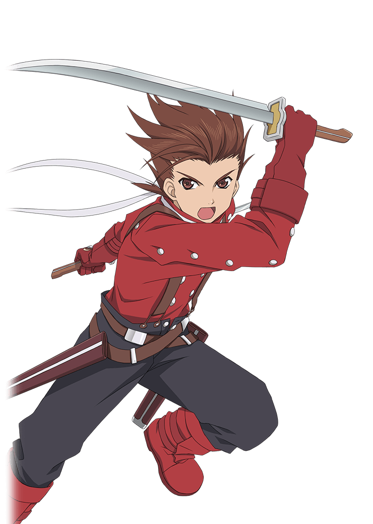 1boy boots brown_eyes brown_hair buttons english_commentary gauntlets gloves holding holding_weapon lloyd_irving male_focus official_art open_mouth pants red_footwear red_gloves solo spiked_hair tales_of_(series) tales_of_asteria tales_of_symphonia transparent_background weapon