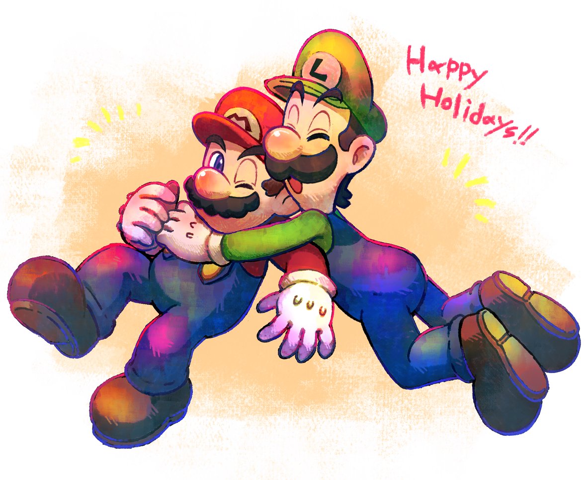 2boys blue_eyes blue_overalls boots brown_footwear brown_hair closed_eyes co_co_mg english_text facial_hair gloves green_headwear green_shirt hug luigi mario mario_(series) multiple_boys mustache one_eye_closed open_mouth overalls red_headwear red_shirt shirt short_hair white_gloves