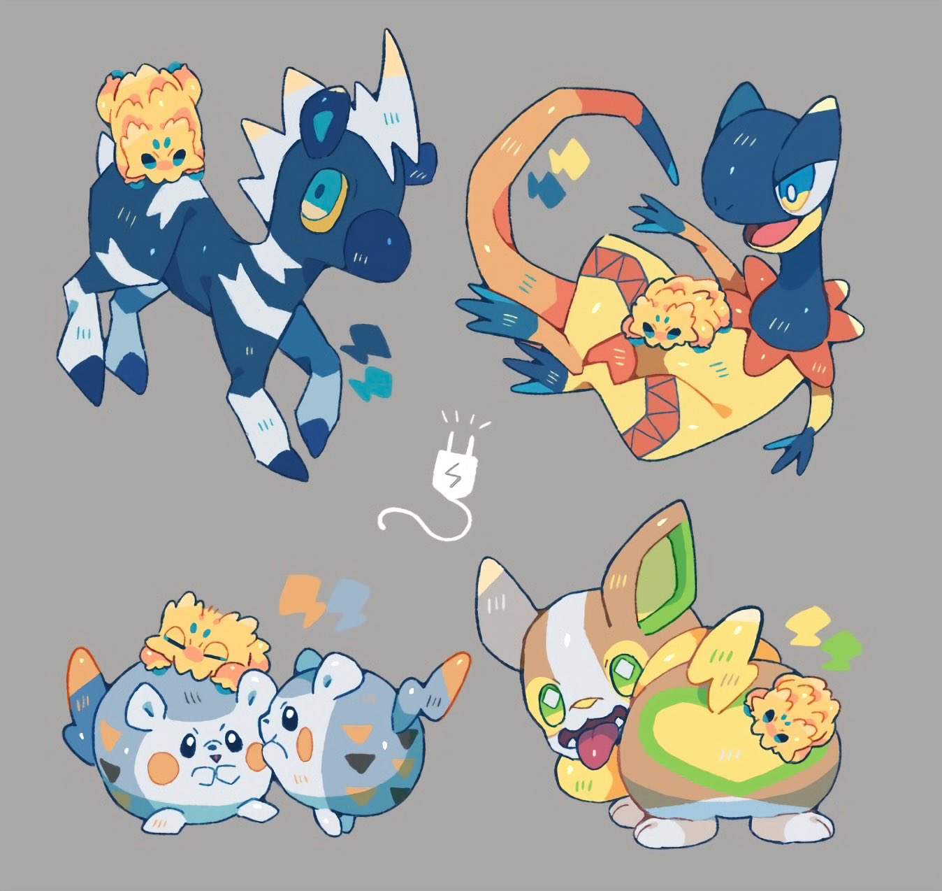 :d blitzle blue_eyes bright_pupils closed_eyes commentary_request fangs green_eyes grey_background heliolisk highres joltik lightning_bolt_symbol looking_back no_humans on_head open_mouth pokemon pokemon_(creature) pokemon_on_back pokemon_on_head shino_(shinoru_p) simple_background sleeping smile togedemaru tongue tongue_out white_pupils yamper