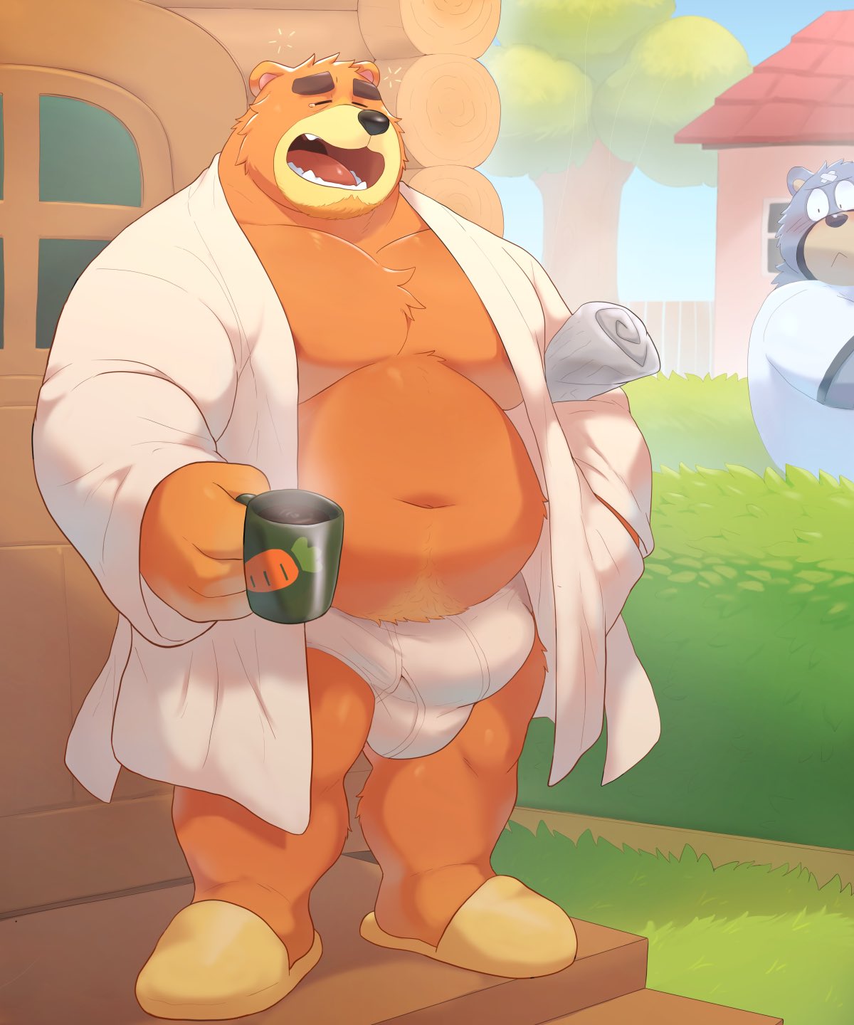2023 animal_crossing anthro bear belly big_belly black_nose blush bulge clothed clothing curt_(animal_crossing) detailed_background duo eyes_closed grey_body hi_res male mammal moobs mug navel nintendo o-ro open_clothing open_robe orange_body outside overweight overweight_male robe teddy_(animal_crossing) underwear