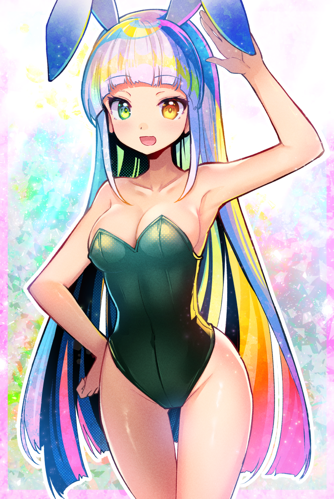 1girl animal_ears anmita_(rarutos) arm_up breasts cleavage collarbone commentary_request cowboy_shot fake_animal_ears green_eyes green_leotard hand_on_own_hip heterochromia hime_cut leotard long_hair looking_at_viewer medium_breasts multicolored_hair open_mouth original playboy_bunny rabbit_ears rainbow_hair smile solo white_hair yellow_eyes