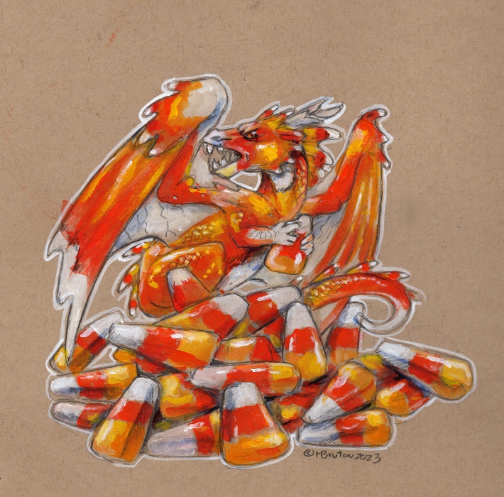2023 ambiguous_gender angry brown_eyes candy candy_corn dessert dragon fangs feral food heather_bruton horn membrane_(anatomy) membranous_wings open_mouth orange_body orange_scales scales simple_background solo tan_background teeth white_body white_scales wings yellow_body yellow_scales