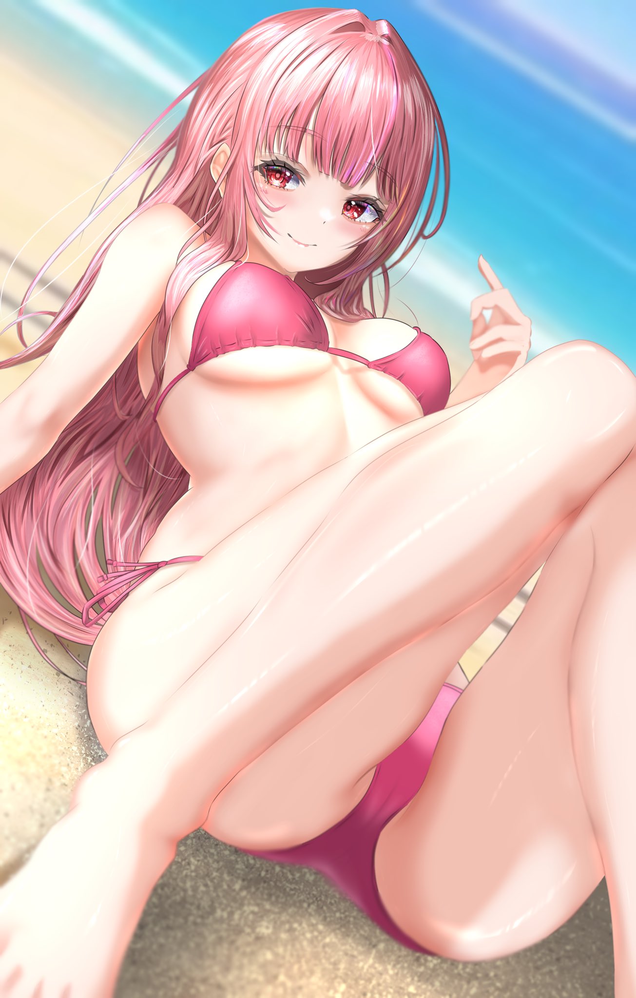 1girl alternate_costume ass beach bikini blurry blurry_background blurry_foreground blush breasts cameltoe commentary day depth_of_field dutch_angle english_commentary eyelashes feet foot_out_of_frame hair_intakes hand_up highres hololive hololive_english knees_together_feet_apart knees_up legs long_hair looking_at_viewer lying medium_breasts mori_calliope on_back outdoors partially_visible_vulva pink_bikini pink_hair red_eyes shadow shiny_skin side-tie_bikini_bottom sidelocks smile solo swimsuit thighs toes underboob virtual_youtuber wakaunderblade7