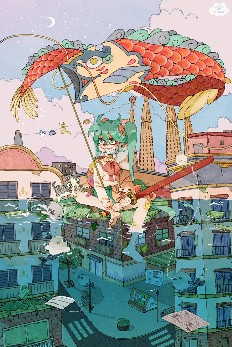 aqua_eyes aqua_hair aqua_skirt archived_source artist_name backpack bag bandaid bandaid_on_face bandaid_on_nose barefoot blue_sky book building cat cloud cloudy_sky crack crescent_moon curtains dog draw_this_in_your_style_challenge fish fishing hair_between_eyes highres holding holding_sword holding_weapon l'art_de_l'aura long_hair long_sleeves mask moon mouth_mask original outdoors paper parted_lips pleated_skirt ripples road sagrada_familia shadow sheath sheathed shirt shirt_tucked_in skirt sky smile soaking_feet sticker street sword tree very_long_hair weapon white_mask white_shirt windsock