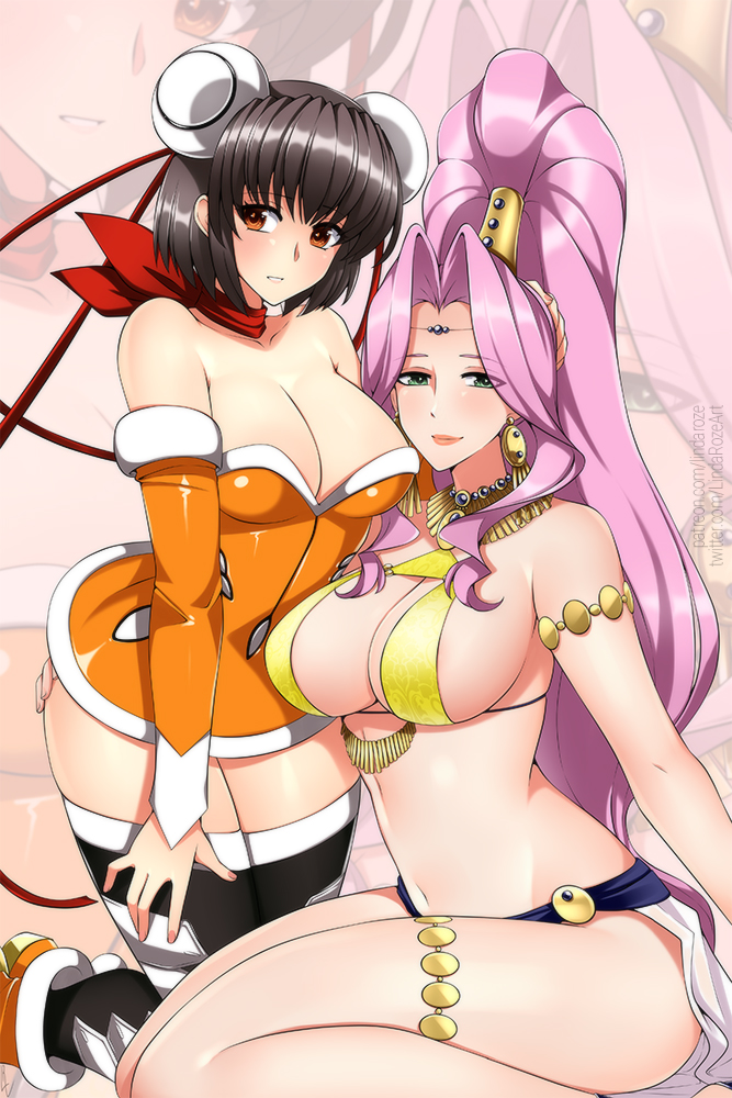 2girls arm_at_side armlet bare_shoulders black_hair black_thighhighs breasts bun_cover circlet cleavage crossover double_bun dress earrings eliza_mayfield gensou_suikoden gensou_suikoden_v green_eyes growlanser growlanser_iv hair_bun hand_on_another's_thigh high_ponytail jeane_(gensou_suikoden) jewelry kneeling large_breasts lindaroze lipstick long_hair looking_at_viewer makeup multiple_girls navel necklace orange_dress orange_eyes orange_footwear parted_bangs pink_hair red_ribbon red_scarf revealing_clothes ribbon scarf shiny_clothes shiny_skin shoes short_dress short_hair sitting smile strapless strapless_dress thighhighs thighlet wariza zettai_ryouiki zoom_layer
