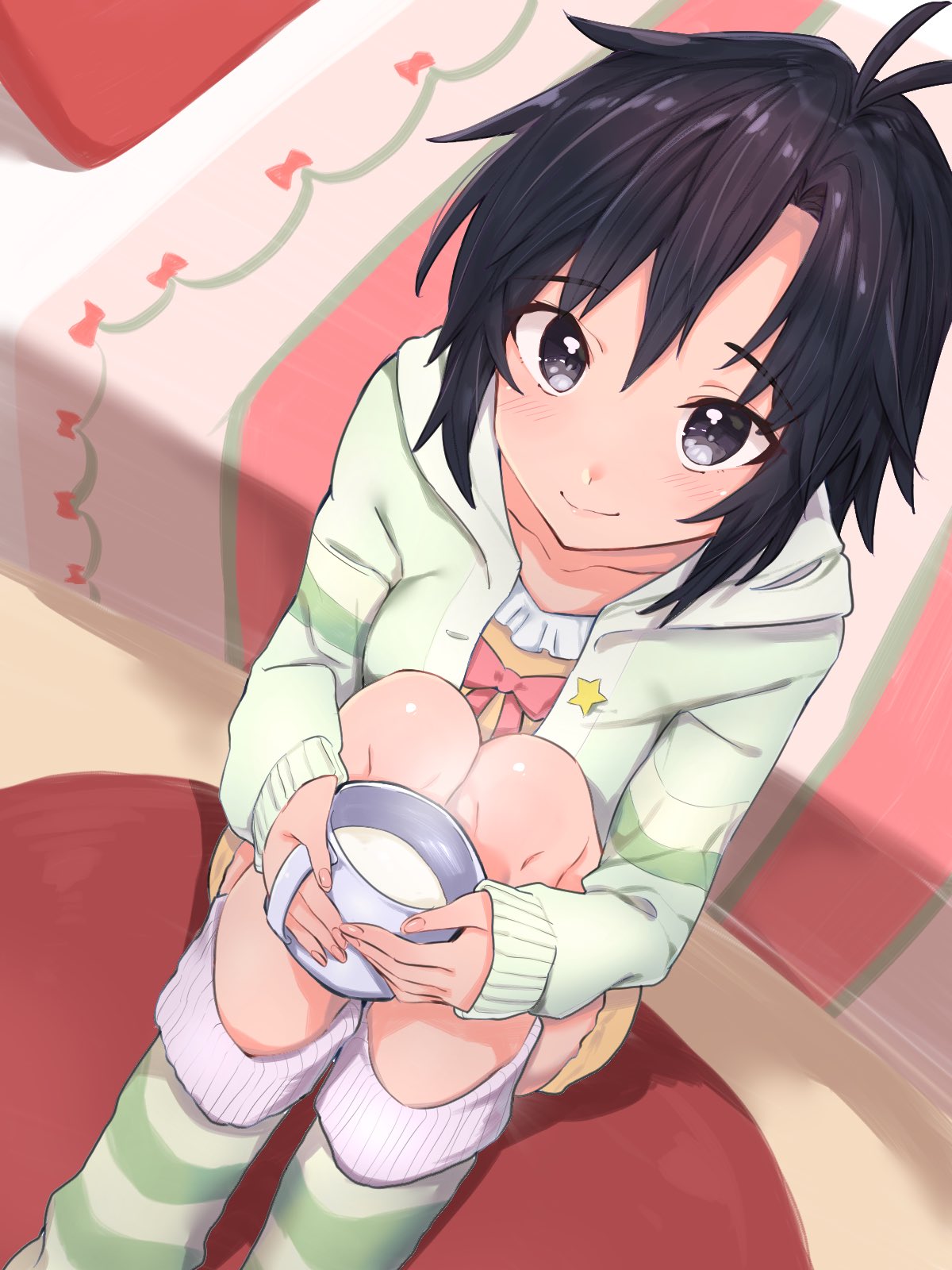 1girl antenna_hair bed black_eyes black_hair breasts carpet closed_mouth collarbone cup dot_nose from_above green_jacket green_socks highres holding holding_cup idolmaster idolmaster_(classic) idolmaster_million_live! idolmaster_million_live!_theater_days indoors jacket kikuchi_makoto knees_up long_sleeves looking_at_viewer looking_up milk open_clothes open_jacket pillow pink_ribbon ribbon ribbon-trimmed_clothes ribbon_trim shirt short_hair shorts sitting small_breasts smile socks solo striped striped_socks sutora_binsuke yellow_shirt yellow_shorts