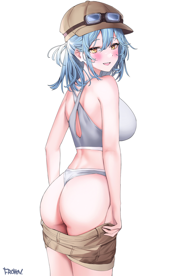 1girl artist_name ass blue_hair blush breasts brown_headwear brown_shorts character_request clothes_pull criss-cross_halter crop_top from_behind frown_(wonderland85711) goggles goggles_on_headwear halterneck large_breasts looking_at_viewer looking_back maplestory medium_hair panties pulled_by_self short_shorts shorts shorts_pull simple_background solo standing underwear white_background white_panties yellow_eyes