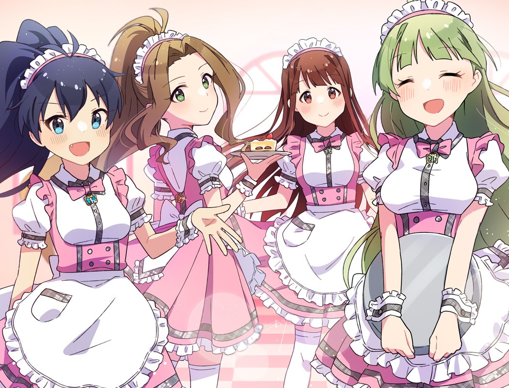 4girls antenna_hair apron black_hair blue_eyes blush bow bowtie breasts brown_eyes brown_hair cake cake_slice closed_eyes commentary dot_nose dress fang food frilled_apron frilled_sleeves frills ganaha_hibiki green_eyes green_hair hair_between_eyes hand_up holding holding_tray idolmaster idolmaster_million_live! idolmaster_million_live!_theater_days koma_tori long_hair looking_at_viewer maid maid_headdress medium_breasts multiple_girls nikaidou_chizuru official_alternate_costume open_mouth parted_bangs pink_background pink_bow pink_bowtie pink_dress ponytail puffy_sleeves shimabara_elena shirt sidelocks skirt_hold smile symbol-only_commentary tanaka_kotoha thighhighs tray waist_apron wavy_hair white_shirt white_thighhighs wrist_cuffs