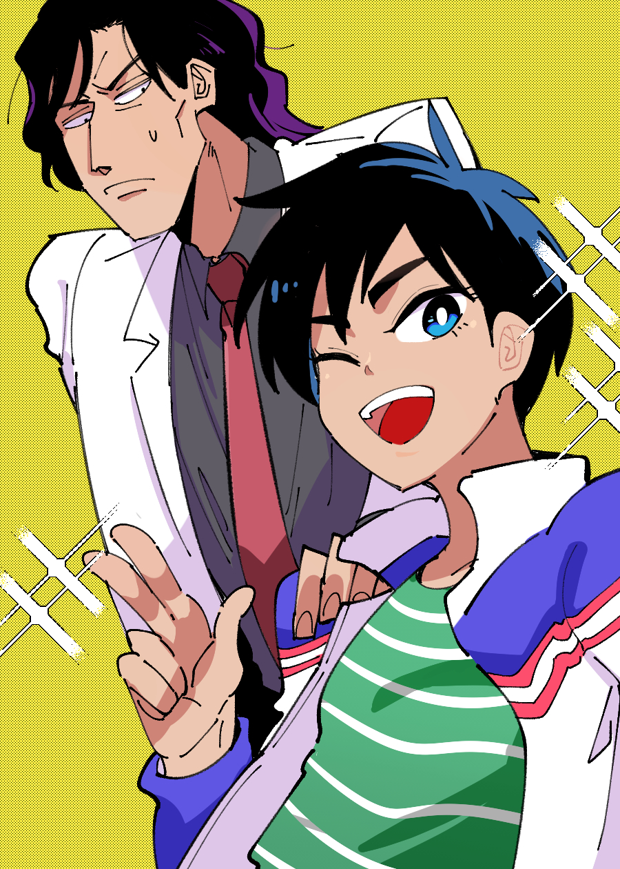 2boys :d black_eyes black_hair black_shirt blazer blue_eyes bright_pupils closed_mouth collared_shirt commentary_request fingernails green_shirt hand_on_another's_shoulder highres inudori itakura_(tobaku_haouden_zero) jacket looking_at_viewer medium_bangs multiple_boys necktie one_eye_closed open_mouth red_necktie shirt short_hair simple_background smile striped striped_shirt teeth tobaku_haouden_zero ukai_zero upper_body upper_teeth_only white_jacket white_pupils yellow_background