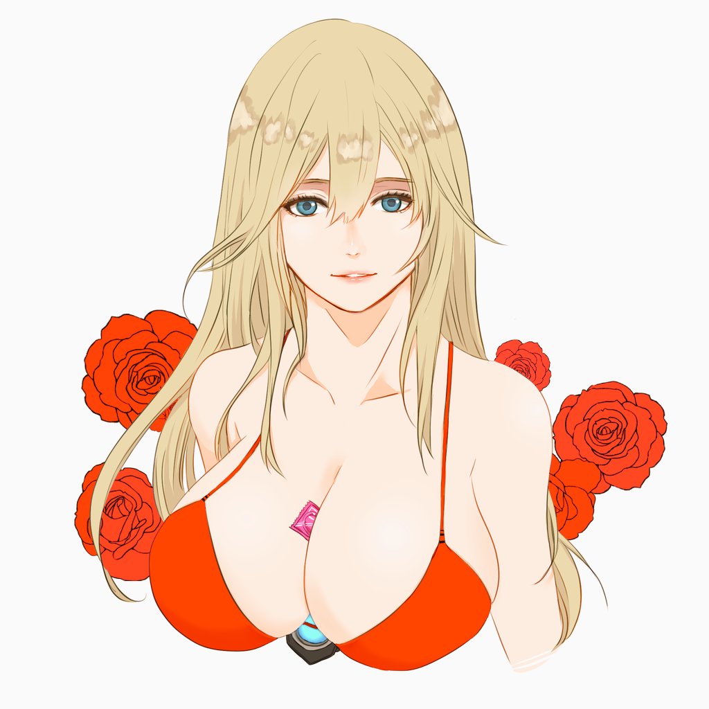 1girl between_breasts bikini bikini_top_only blue_eyes breasts cleavage condom condom_wrapper elena_(star_ocean) flower long_hair looking_at_viewer mayashtale red_bikini red_flower red_rose rose simple_background smile solo star_ocean star_ocean_the_divine_force swimsuit white_background
