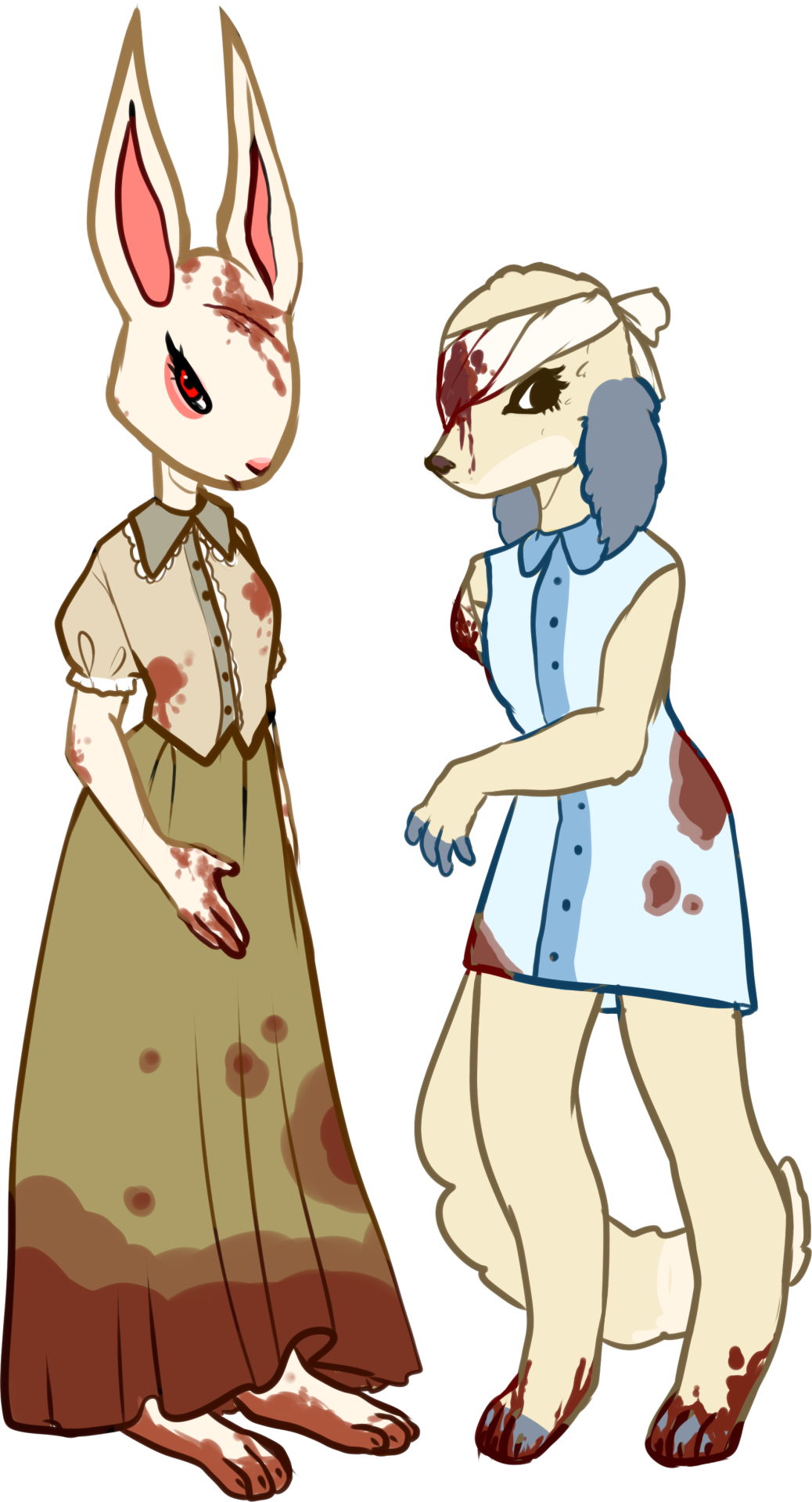 1_arm 2016 3_toes 4_fingers anthro bandage bandaged_eye biped blood blood_on_bandage blood_on_clothing blood_on_face blood_on_foot blood_on_fur blood_on_hand blouse blue_ears bodily_fluids bottomwear canid canine canis claws clothed clothing colored daisy_(rq) digital_drawing_(artwork) digital_media_(artwork) digitigrade domestic_dog dress duo feet female fingers fur hi_res lagomorph leporid long_ears mammal missing_arm mxdeer narrowed_eyes plantigrade rabbit red_eyes ruby_(rq) ruby_quest skirt stained_clothing standing tail toe_claws toes topwear white_body white_fur wounded