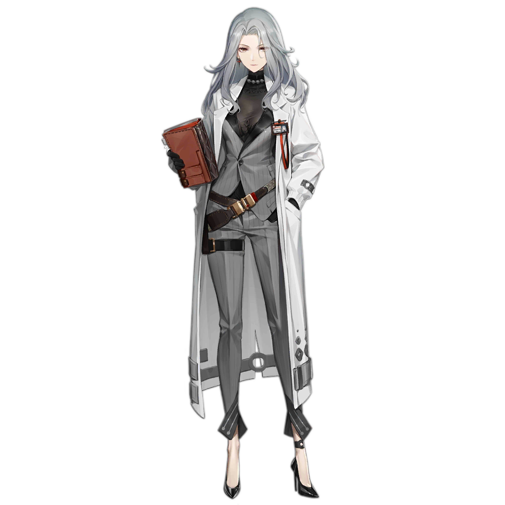 1girl ankle_strap artist_request belt black_footwear black_gloves book breasts brown_belt brown_eyes closed_mouth coat doctor earrings expressionless eyes_visible_through_hair full_body girls'_frontline gloves grey_hair grey_jacket grey_pants hair_over_one_eye hand_in_pocket high_heels holding holding_book id_card jacket jewelry lab_coat lady_gray_(girls'_frontline) large_breasts long_hair long_sleeves looking_at_viewer necklace no_socks official_art open_clothes open_coat pants pearl_necklace scientist simple_background solo standing suit thigh_strap transparent_background white_coat