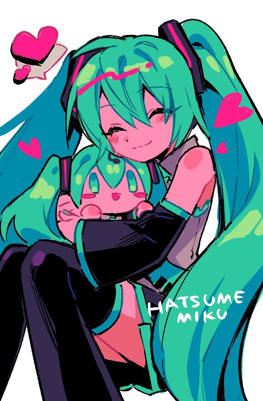 1girl :3 :d ^_^ bare_shoulders black_skirt black_thighhighs blue_necktie blush blush_stickers character_doll character_name closed_eyes closed_mouth collared_shirt colored_skin detached_sleeves doll_hug green_hair green_nails grey_shirt hair_between_eyes hatsune_miku heart hug invisible_chair knees_together_feet_apart long_hair menma_(enaic31) necktie object_hug one-hour_drawing_challenge open_mouth pink_skin pleated_skirt shirt simple_background sitting skirt sleeveless sleeveless_shirt smile solo speech_bubble spoken_heart thighhighs tie_clip twintails typo very_long_hair vocaloid white_background