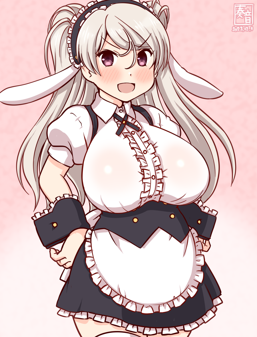 1girl animal_ears apron artist_logo black_hairband blush breasts brown_eyes center_frills conte_di_cavour_(kancolle) cosplay cross_tie dated droopy_ears fake_animal_ears fleur_de_lapin_uniform floppy_ears frilled_apron frilled_cuffs frilled_hairband frilled_shirt frills gradient_background grey_hair hairband kanon_(kurogane_knights) kantai_collection kirima_syaro kirima_syaro_(cosplay) large_breasts lolita_hairband long_hair one-hour_drawing_challenge open_mouth pink_background puffy_short_sleeves puffy_sleeves rabbit_ears shirt short_sleeves smile solo two_side_up underbust waist_apron waitress white_apron wrist_cuffs