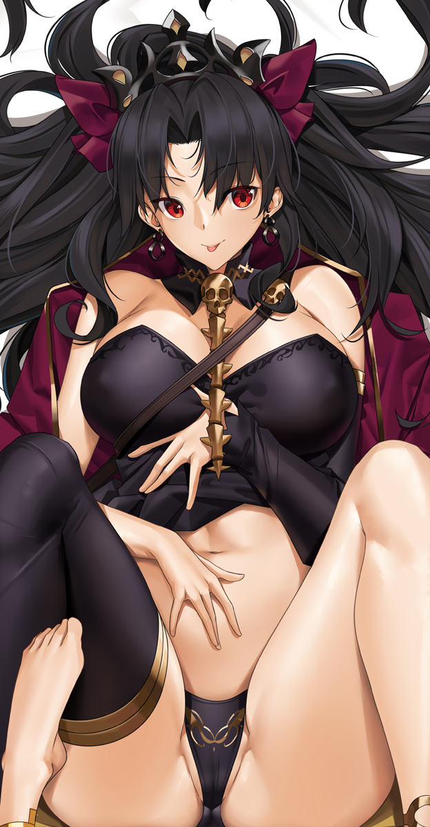 2girls :p black_dress black_hair black_panties black_thighhighs bow breasts clothes_lift cosplay costume_switch dakimakura_(medium) dress dress_lift earrings fate/grand_order fate_(series) hair_bow highres hoop_earrings ishtar_(fate) jewelry large_breasts long_hair looking_at_viewer lying multiple_girls navel on_back panties purple_bow red_eyes siblings single_thighhigh sisters solo_focus thighhighs tiara tongue tongue_out tony_guisado underwear