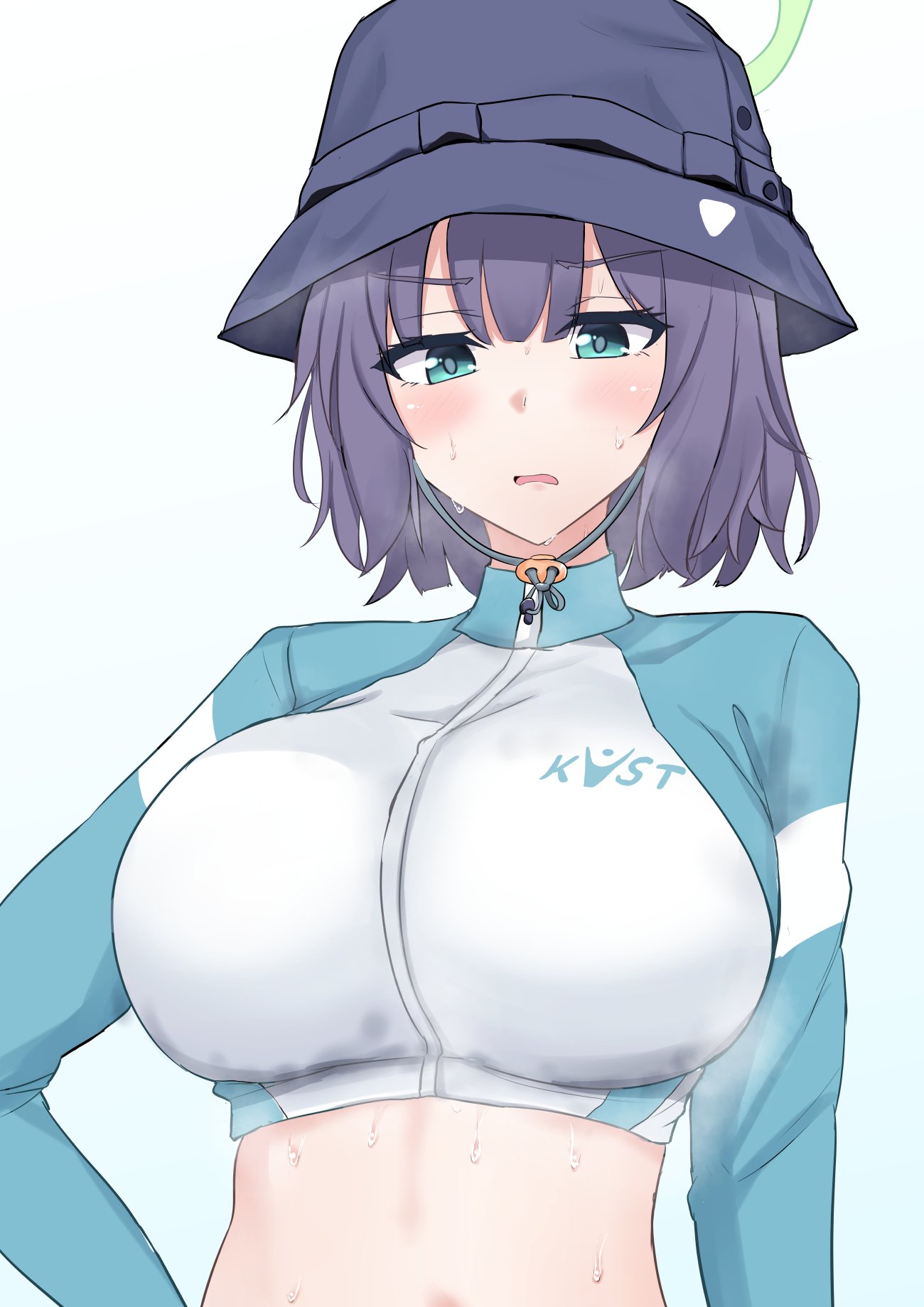 1girl blue_archive blush breasts bucket_hat halo hat highres large_breasts long_sleeves looking_at_viewer official_alternate_costume poshi_(ginmokusei) purple_hair raglan_sleeves rash_guard saki_(blue_archive) saki_(swimsuit)_(blue_archive) simple_background solo steam steaming_body sweatdrop sweaty_clothes upper_body white_background