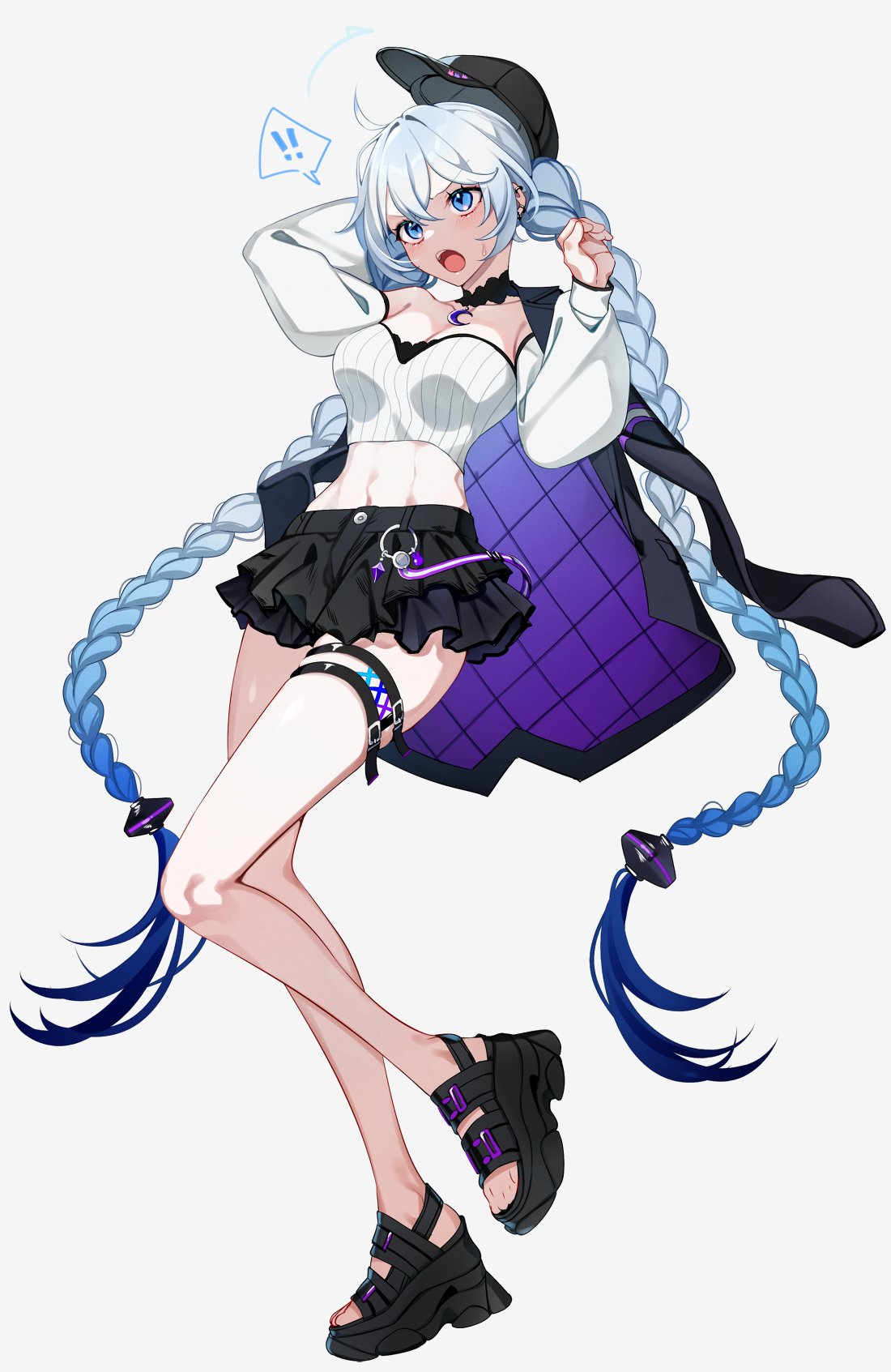 ! !! 1girl arm_up baseball_cap black_footwear black_headwear black_jacket black_skirt blue_eyes blue_hair braid breasts character_request check_character check_copyright choker cleavage collarbone copyright_request detached_sleeves feet frilled_skirt frills full_body gradient_hair grey_background grey_hair hair_between_eyes hand_up hat highres jacket jacket_on_shoulders kizuna_akari legs long_hair long_sleeves looking_to_the_side medium_breasts midriff miniskirt multicolored_hair navel open_mouth platform_footwear puffy_sleeves sandals simple_background skirt solo spoken_exclamation_mark standing standing_on_one_leg teeth thigh_strap thighs toes twin_braids upper_teeth_only very_long_hair voiceroid yodare_(3yami8)