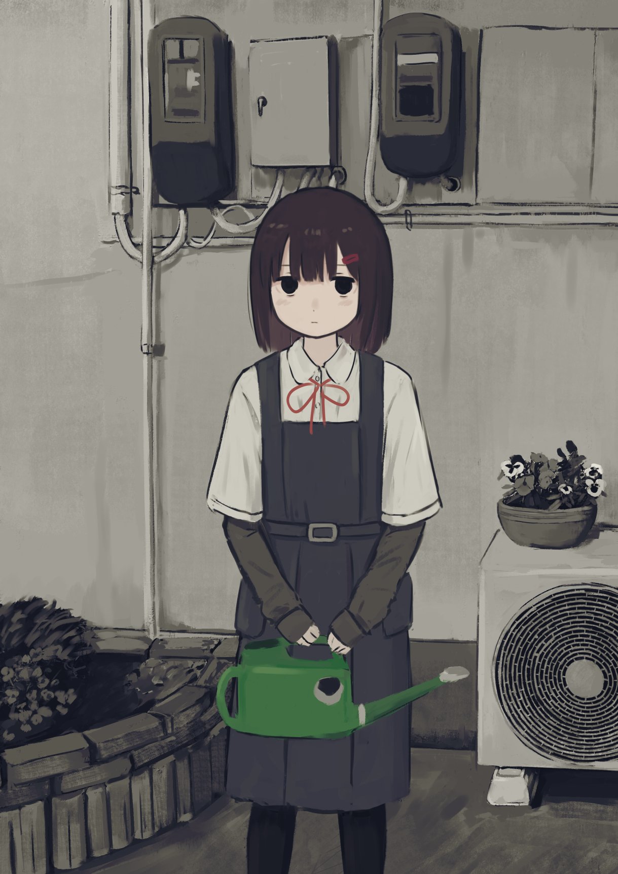 1girl air_conditioner black_dress black_eyes black_hair black_leggings black_sleeves closed_mouth collared_shirt dress expressionless feet_out_of_frame flower_bed flower_pot hair_ornament hairclip highres holding holding_watering_can jitome layered_sleeves leggings light_blush long_sleeves looking_at_viewer neck_ribbon original outdoors pinafore_dress red_ribbon ribbon shirt short_over_long_sleeves short_sleeves sleeveless sleeveless_dress solo standing toyono_saki v_arms watering_can white_shirt