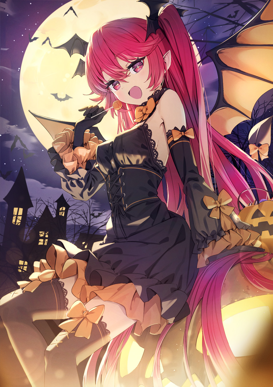 +_+ 1girl bare_shoulders bare_tree bat_(animal) bat_wings black_dress black_gloves black_thighhighs blush bow_legwear breasts building candy demon_tail detached_sleeves dress food full_moon gloves halloween head_wings highres holding holding_candy holding_food holding_lollipop huge_moon jack-o'-lantern lollipop long_hair looking_at_viewer medium_breasts moon night open_mouth original outdoors pointy_ears pumpkin red_eyes red_hair sitting sky smile solo star_(sky) starry_sky tail thighhighs tree very_long_hair wasabi60 wings