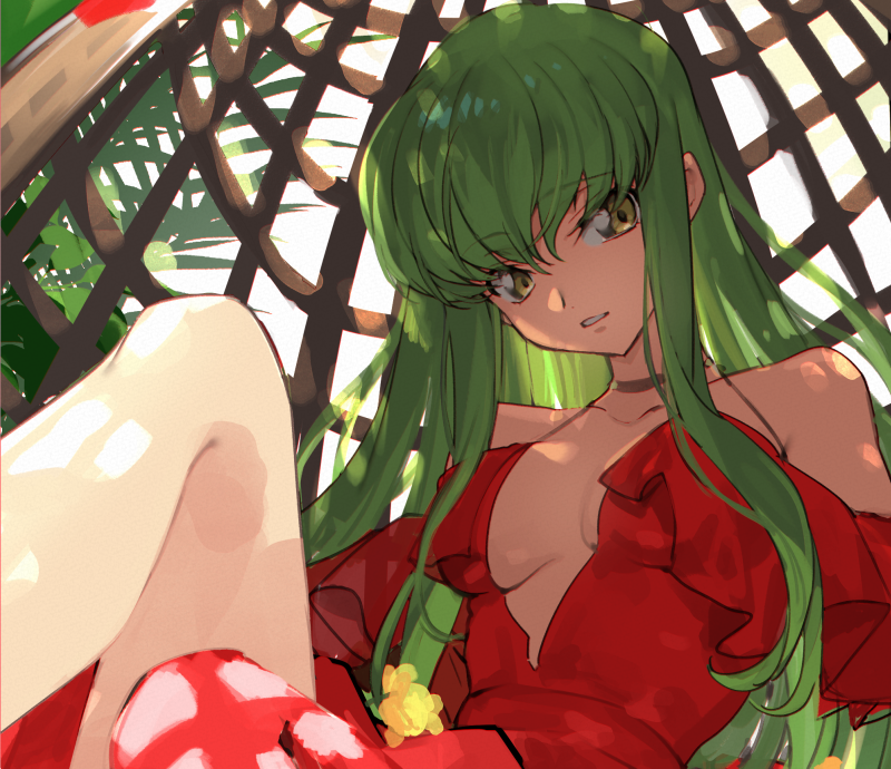 1girl bare_shoulders breasts c.c. cleavage clothing_cutout code_geass creayus day dress green_hair hair_between_eyes hanging_chair knees_up long_hair looking_at_viewer open_mouth plant red_dress shoulder_blades solo spaghetti_strap straight_hair very_long_hair yellow_eyes