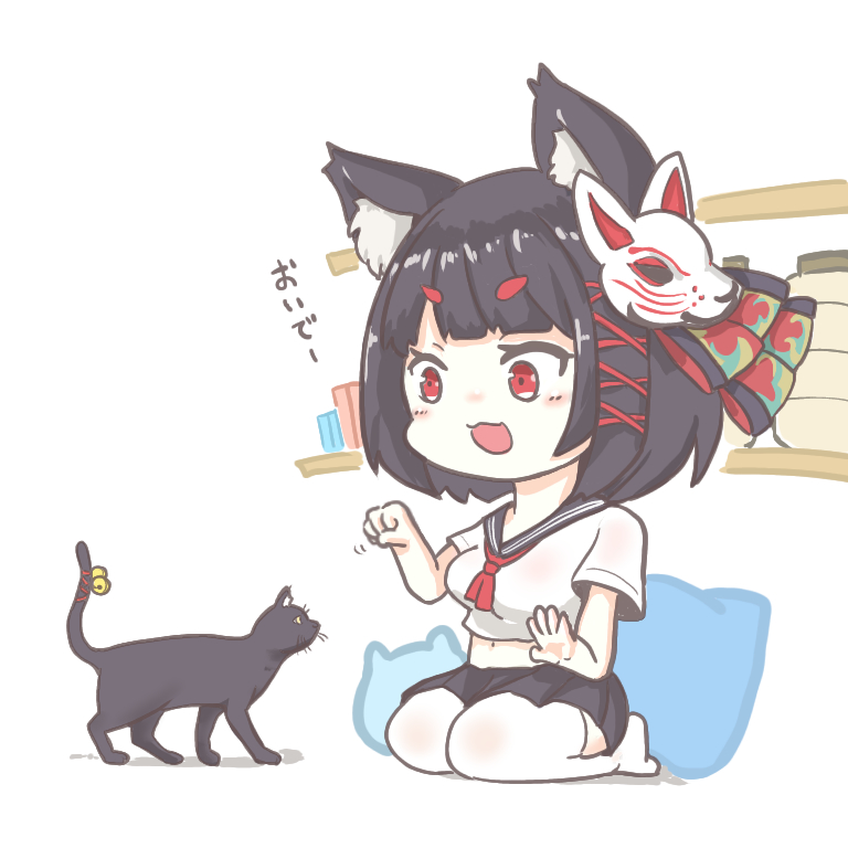 1girl animal animal_ear_fluff animal_ears ascot azur_lane bell black_cat black_hair black_sailor_collar black_skirt blush_stickers cat chibi commentary_request crop_top cropped_shirt full_body hair_ribbon himajin_(fd_jin) jingle_bell looking_at_animal mask mask_on_head midriff miniskirt mismatched_eyebrows navel official_alternate_costume open_mouth paw_pose pleated_skirt red_ascot red_eyes red_ribbon ribbon sailor_collar school_uniform seiza serafuku shirt short_hair short_sleeves sitting skirt smile solo tail tail_bell tail_ornament tail_ribbon thighhighs tress_ribbon white_background white_shirt white_thighhighs yamashiro_(azur_lane) yamashiro_(street_corner_offensive!)_(azur_lane)