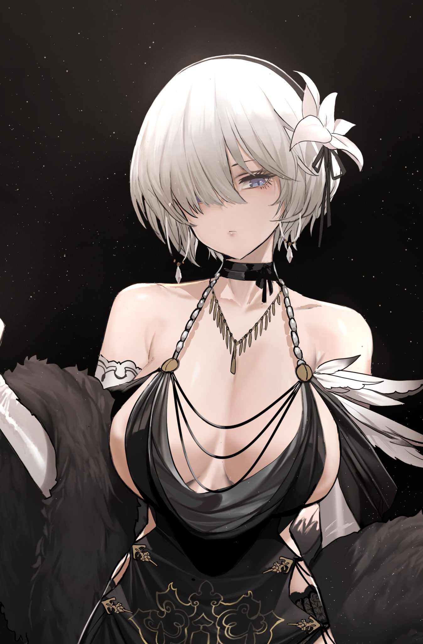1girl 2b_(nier:automata) apron bare_shoulders black_dress breasts choker cleavage covered_eyes cropped detached_sleeves dishwasher1910 dress elbow_gloves flower fur-trimmed_sleeves fur_trim garter_straps gloves grey_eyes hair_flower hair_ornament highres large_breasts long_dress looking_at_viewer nier:automata nier_(series) revealing_clothes robot short_hair side_slit solo two-sided_dress two-sided_fabric upper_body white_flower white_gloves white_hair