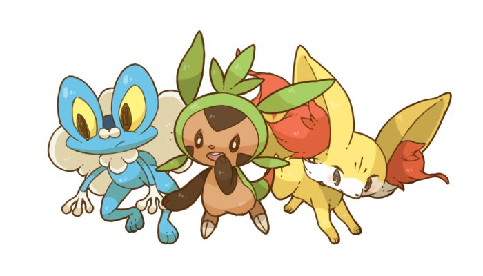 animal_focus blue_skin brown_eyes chespin colored_skin commentary_request dark_skin fennekin fox froakie frog no_humans open_mouth pokemon pokemon_(creature) simple_background starter_pokemon_trio teeth towa_(clonea) upper_teeth_only webbed_hands white_background yellow_eyes yellow_fur