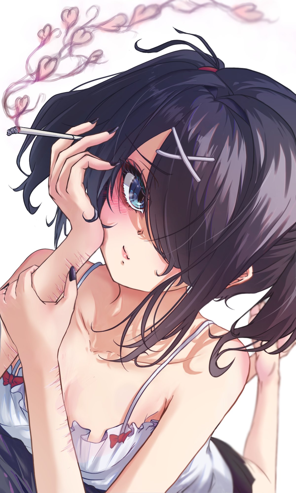 1girl akatsuki_(akatsukinotsuki) ame-chan_(needy_girl_overdose) bare_shoulders barefoot black_hair black_nails blue_eyes blue_hair blush breasts cigarette cleavage closed_mouth commentary_request cuts feet_up hair_ornament hair_over_one_eye hair_tie hand_on_own_wrist hands_up heart highres holding holding_cigarette injury long_hair looking_at_viewer lying nail_polish needy_girl_overdose on_stomach scar scar_on_arm self-harm_scar shirt smile smoke solo spaghetti_strap the_pose twintails white_background white_shirt x_hair_ornament