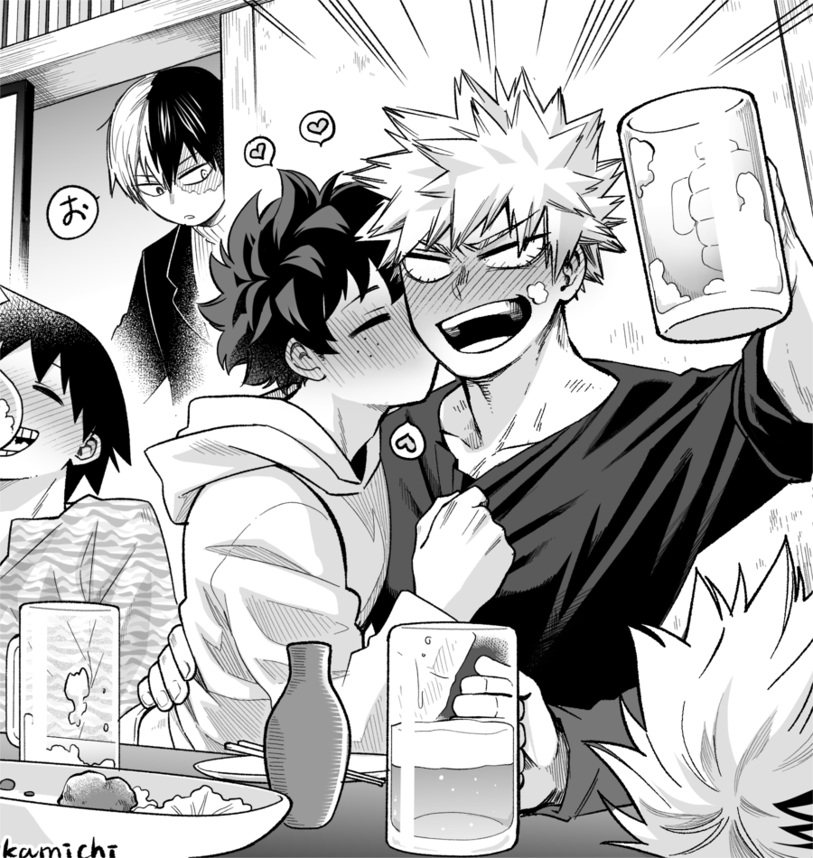 5boys arm_on_table artist_name bakugou_katsuki beer_mug blank_eyes bloodshot_eyes blush boku_no_hero_academia bright_pupils burn_scar chabudai_(table) chopsticks closed_eyes clothes_grab couple cup curly_hair drinking drunk embarrassed emphasis_lines empty_plate expressionless facing_another foam foam_on_face food freckles furrowed_brow greyscale hair_between_eyes hand_on_another's_back hand_up hands_up happy head_down head_on_table heart heterochromia holding holding_cup hood hood_down hoodie indoors jacket kamichi_ka kaminari_denki kiss kissing_cheek lapels leaning_forward long_sleeves looking_at_another looking_to_the_side male_focus midoriya_izuku monochrome mug multicolored_hair multiple_boys notched_lapels open_mouth parted_hair parted_lips plate profile scar scar_on_face sero_hanta shirt shirt_grab short_hair sideways_glance sleeves_past_elbows sleeves_rolled_up sliding_doors smile speech_bubble spiked_hair split-color_hair spoken_heart spoken_letter streaked_hair sweater t-shirt table todoroki_shouto transparent turtleneck turtleneck_sweater two-tone_hair unmoving_pattern upper_body v-shaped_eyebrows
