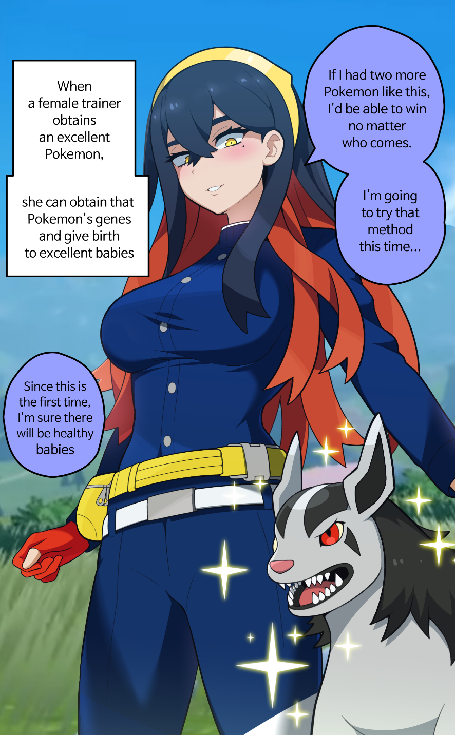1girl black_hair blush breasts carmine_(pokemon) colored_inner_hair crossed_bangs english_text everyday2 eyelashes fluffy hair_between_eyes hairband highres large_breasts long_hair mightyena mole mole_under_eye multicolored_hair open_mouth pokemon pokemon_(creature) pokemon_(game) pokemon_sv red_hair smile speech_bubble two-tone_hair yellow_eyes yellow_hairband