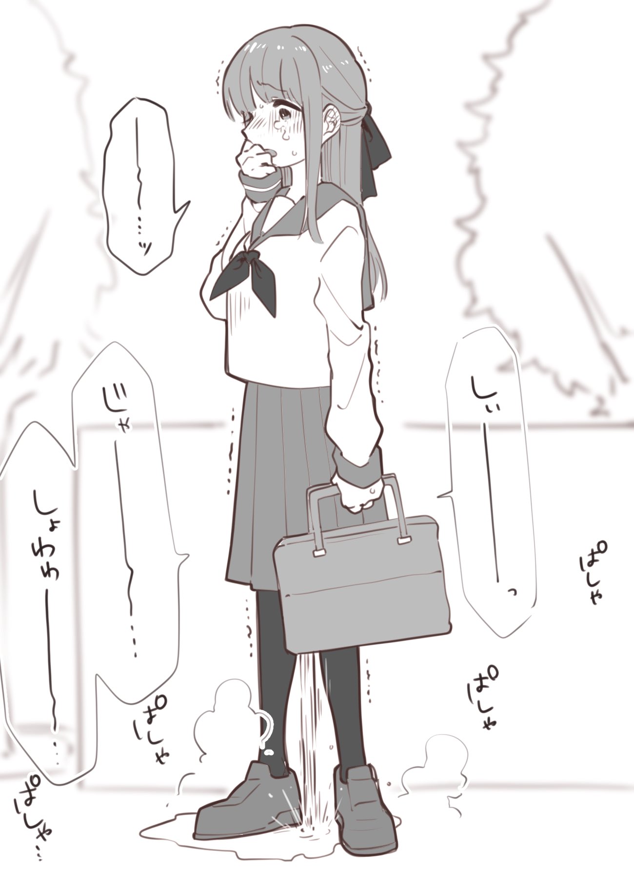 1girl arm_at_side bag blurry blurry_background blush commentary_request constricted_pupils covering_mouth day ear_blush flat_chest full_body greyscale hair_ribbon hand_to_own_mouth hand_up highres holding holding_bag long_hair long_sleeves miniskirt monochrome neckerchief nose_blush nuruko_(nuru55555) open_mouth original outdoors pantyhose pee peeing peeing_self pleated_skirt puddle ribbon sailor_collar scared school_bag school_uniform serafuku shoes sidelocks skirt solo speech_bubble standing steam sweat tears translation_request tree white_background