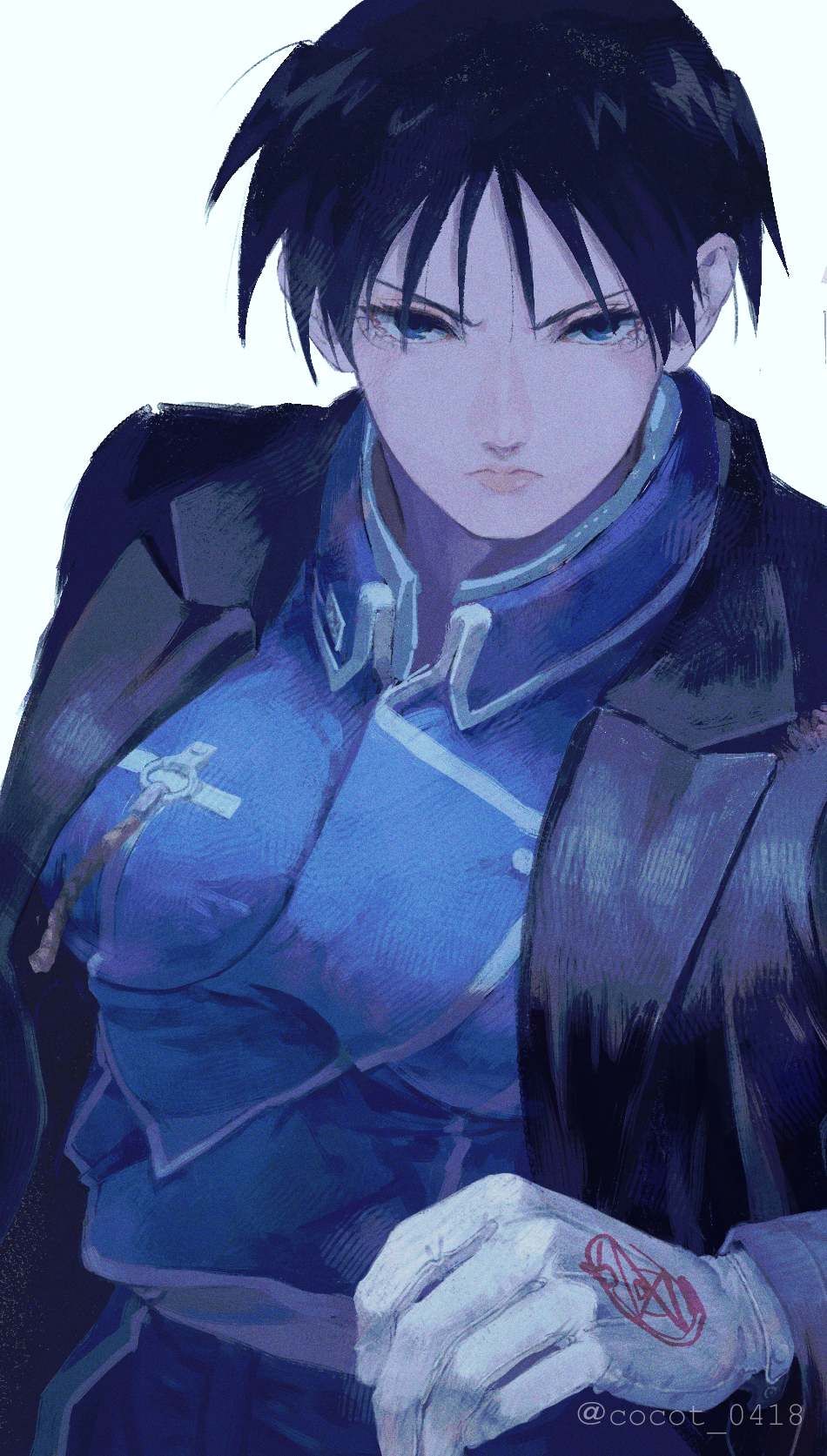 1girl aiguillette amestris_military_uniform black_hair black_jacket blue_eyes blue_jacket blue_theme breasts closed_mouth eyelashes frown fullmetal_alchemist genderswap genderswap_(mtf) gloves hand_up highres jacket lipstick long_sleeves looking_at_viewer magic_circle makeup medium_breasts military_uniform o-ring roy_mustang short_hair simple_background solo twitter_username uniform upper_body white_background white_gloves yuu_(kotobana_0418)