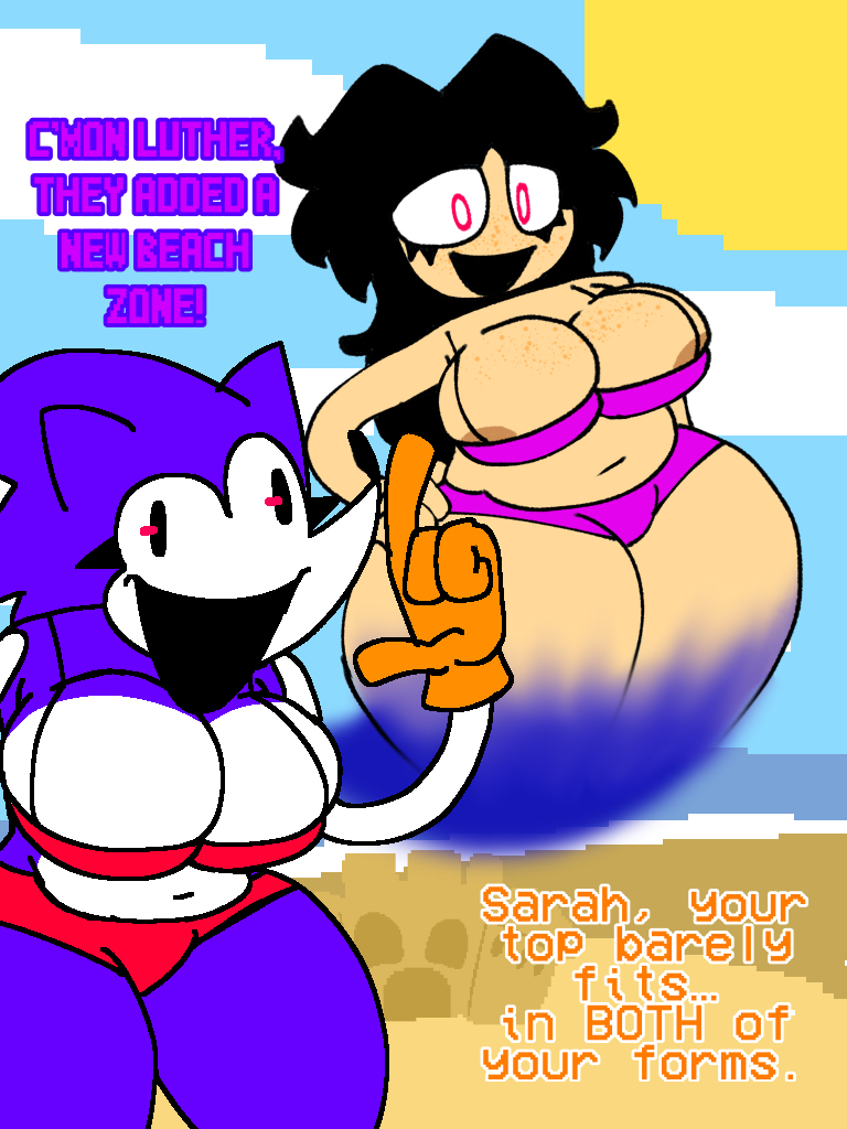 3:4 anthro areola areola_slip beach big_breasts black_eyes black_hair breasts brown_areola clothing creepypasta dialogue duo eulipotyphlan eyelashes fan_character female freckles freckles_on_breasts fur gloves hair hand_on_hip handwear hedgehog huge_breasts human mammal navel needlem0use_(analogue_horror) open_mouth orange_clothing orange_gloves orange_handwear pink_clothing pink_eyes pink_swimwear purple_body purple_clothing purple_fur purple_swimwear sarah_(needlemouse) scritdrawslewds seaside sega slightly_chubby sonic.exe_(creepypasta) sonic_the_hedgehog sonic_the_hedgehog_(series) swimwear tan_body tan_skin text thick_thighs white_eyes wide_hips