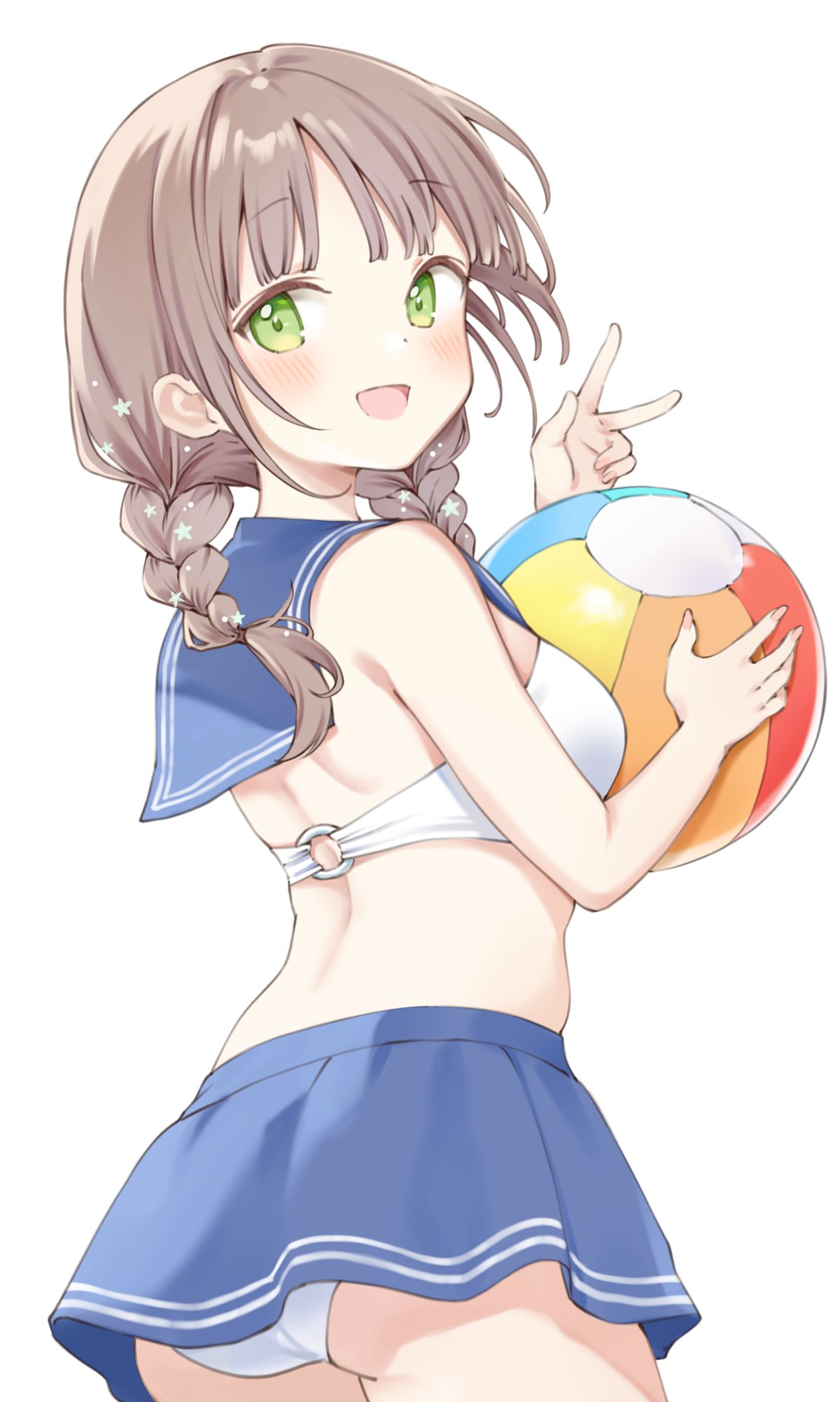 1girl :d ass back ball bare_shoulders beachball bikini blue_sailor_collar blue_skirt blunt_bangs blush braid breasts brown_hair cowboy_shot from_behind green_eyes hand_up highres holding holding_ball looking_at_viewer looking_back low_twin_braids maigoyaki medium_breasts medium_hair microskirt midriff o-ring o-ring_top open_mouth original panties sailor_bikini sailor_collar simple_background skirt smile solo star_(symbol) swimsuit twin_braids underwear v white_background white_bikini white_panties