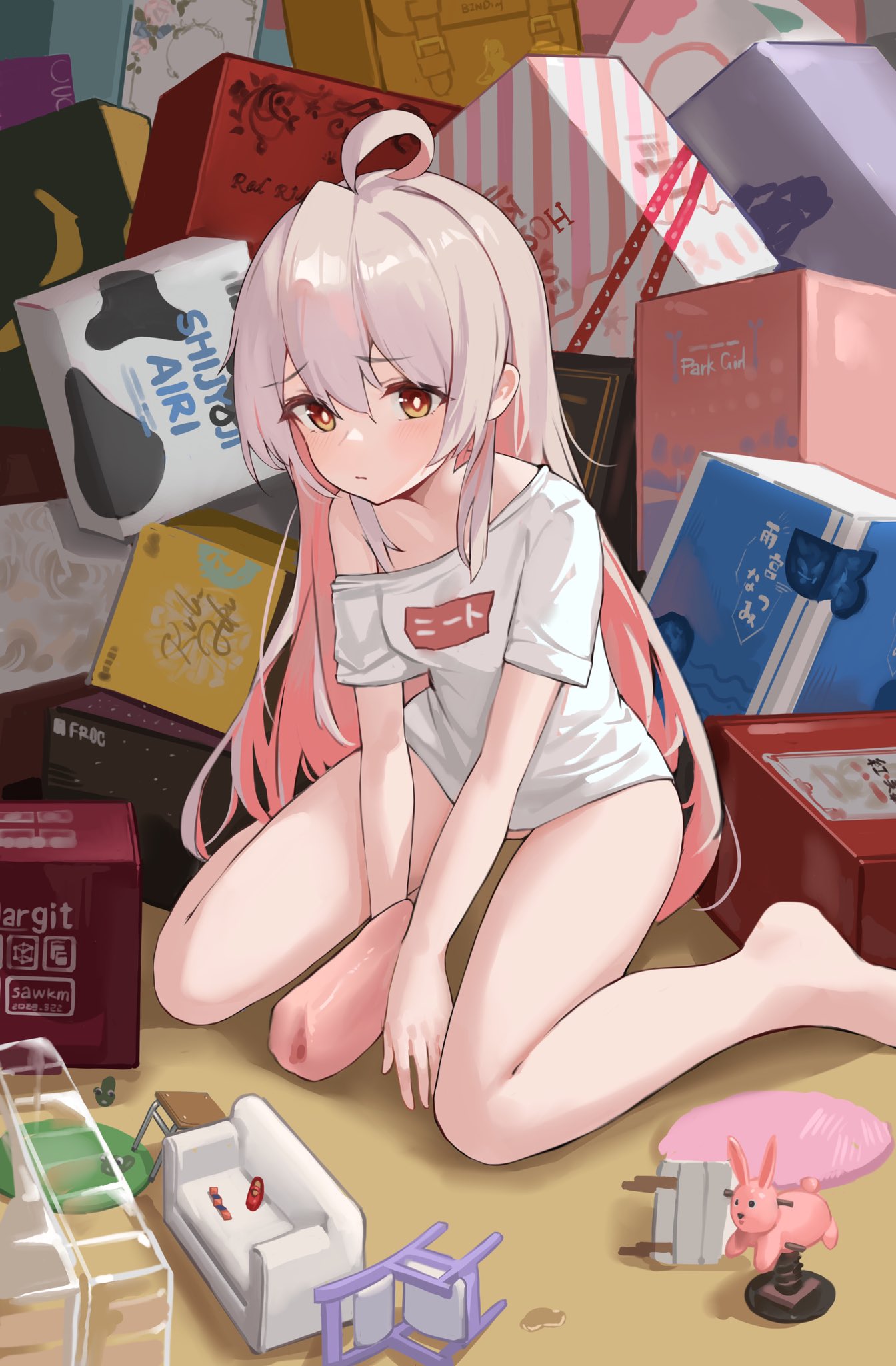 1girl ahoge artificial_vagina bare_legs box box_stack commentary highres long_hair miniature multicolored_hair off_shoulder onii-chan_wa_oshimai! oyama_mahiro sawkm sex_toy shirt sitting solo wariza white_shirt