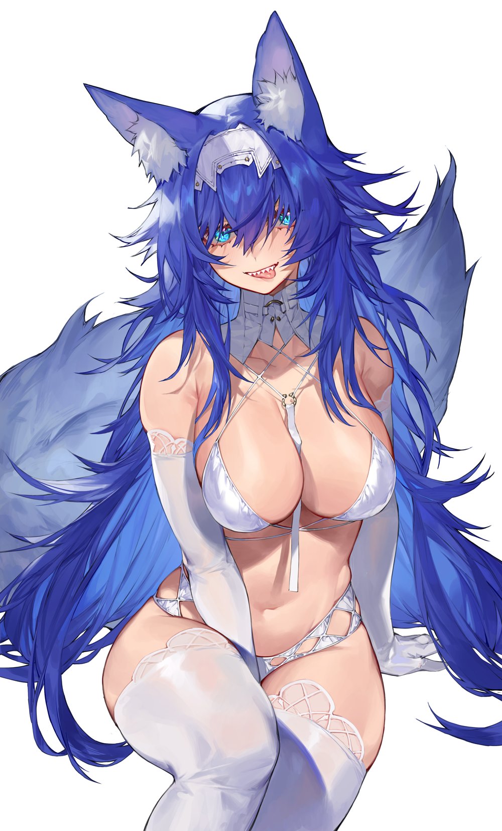 animal_ear_fluff animal_ears between_breasts between_legs bikini blue_eyes blue_hair breasts bridal_lingerie collarbone elbow_gloves fluffy fox_ears fox_girl fox_tail gloves hair_between_eyes hand_between_legs highres large_breasts licking_lips lingerie long_hair looking_at_viewer messy_hair navel noy original see-through sharp_teeth sheer_gloves sitting swimsuit tail teeth tongue tongue_out underwear upper_body very_long_hair white_bikini white_gloves